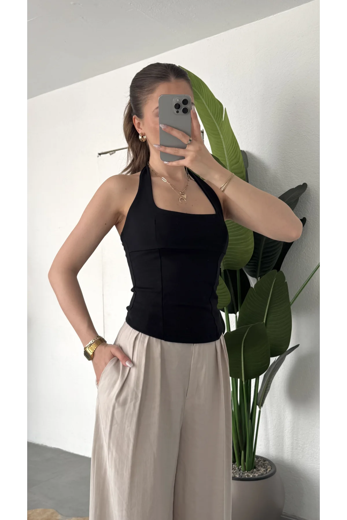 Kadın Siyah Boyundan Bağlamalı Korse Bluz - Kare Halter Yaka Top