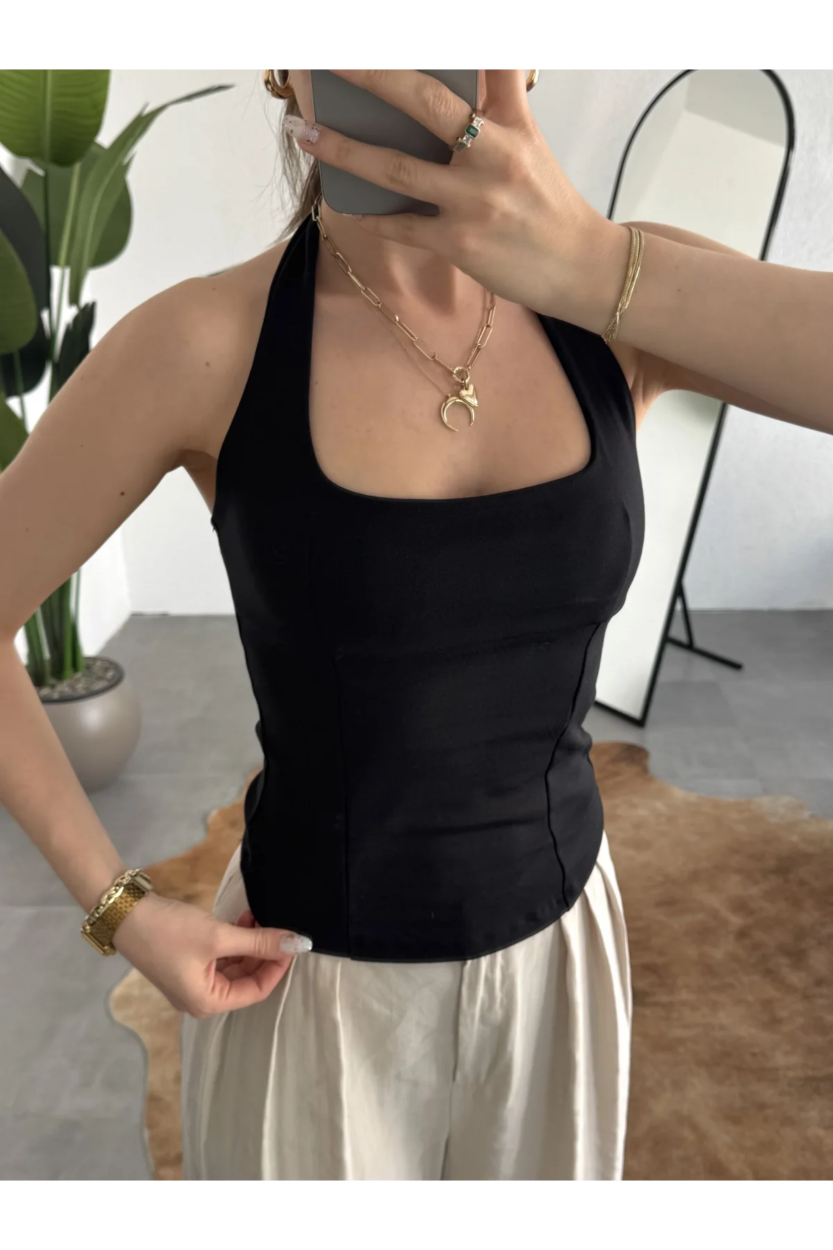 Kadın Siyah Boyundan Bağlamalı Korse Bluz - Kare Halter Yaka Top