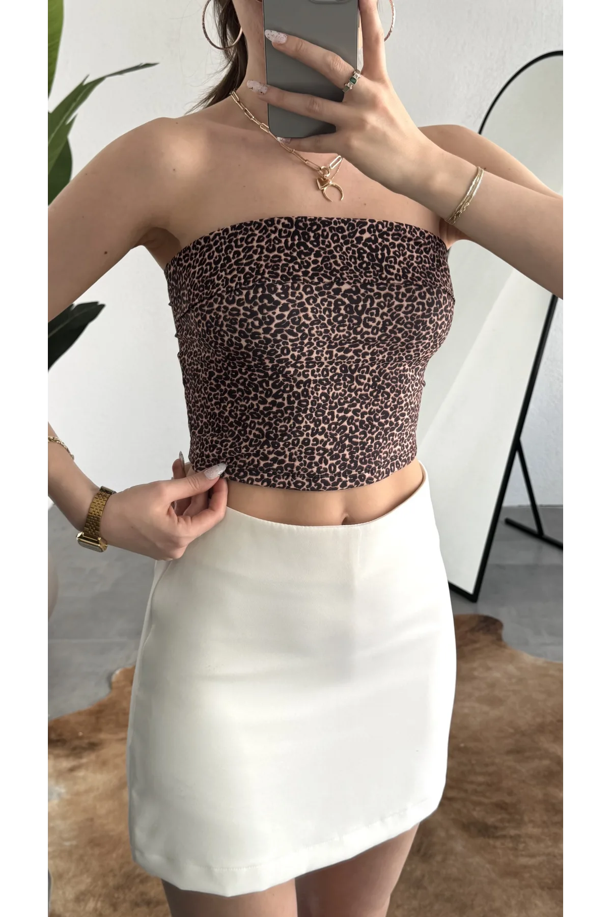 Kadın Leopar Desenli Straplez Bluz Büzgülü Crop Top