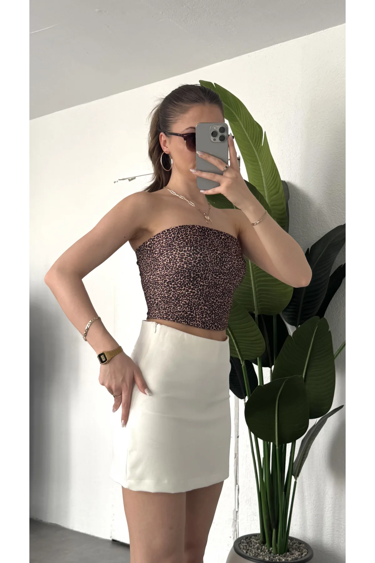 Kadın Leopar Desenli Straplez Bluz Büzgülü Crop Top