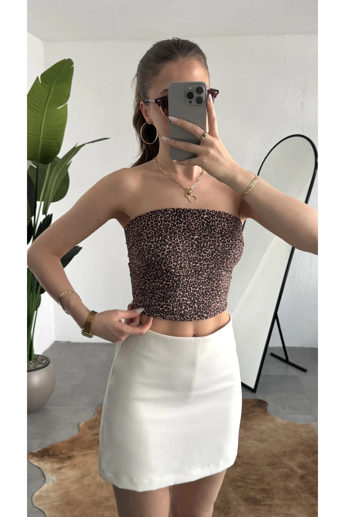 Kadın Leopar Desenli Straplez Bluz Büzgülü Crop Top