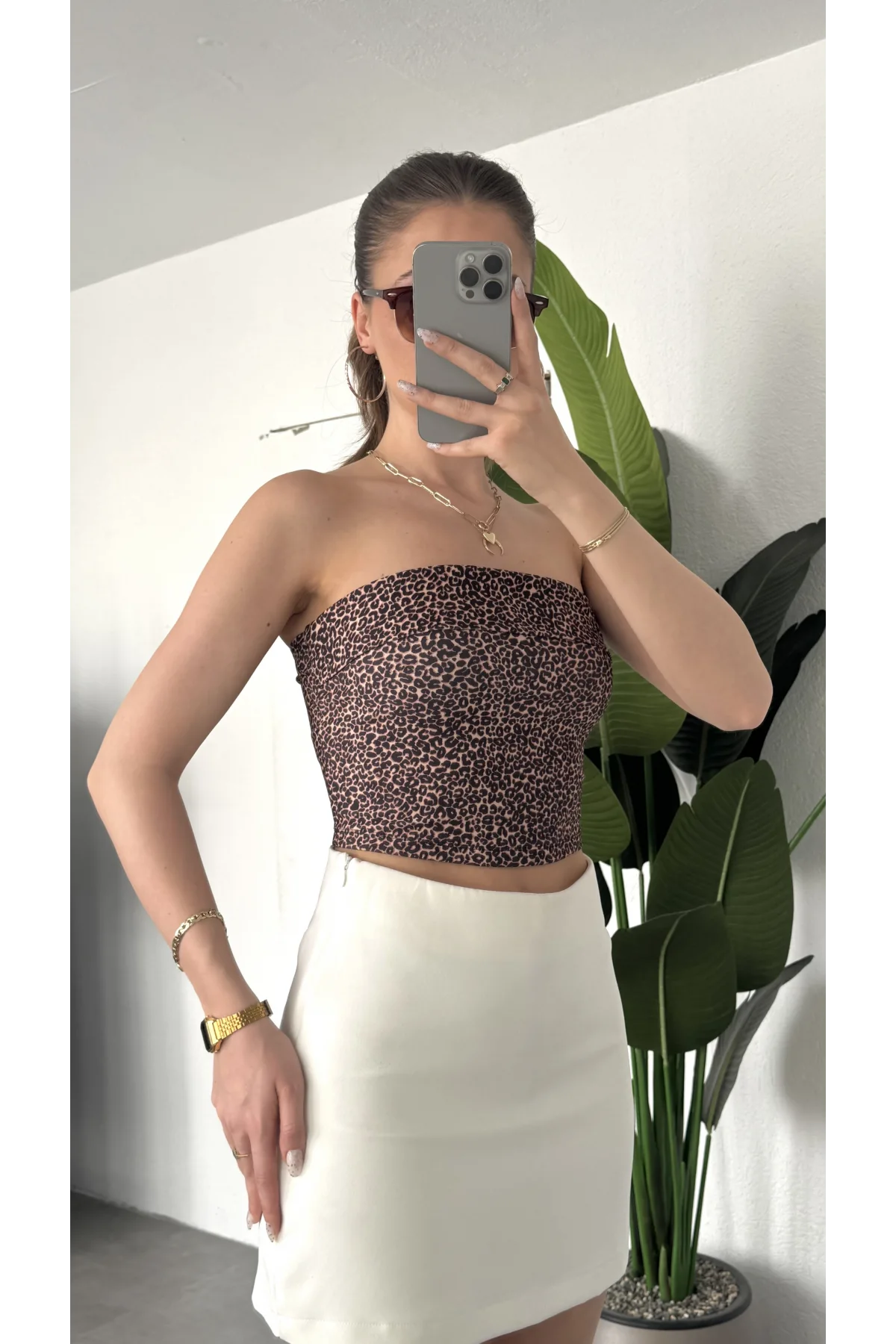 Kadın Leopar Desenli Straplez Bluz Büzgülü Crop Top