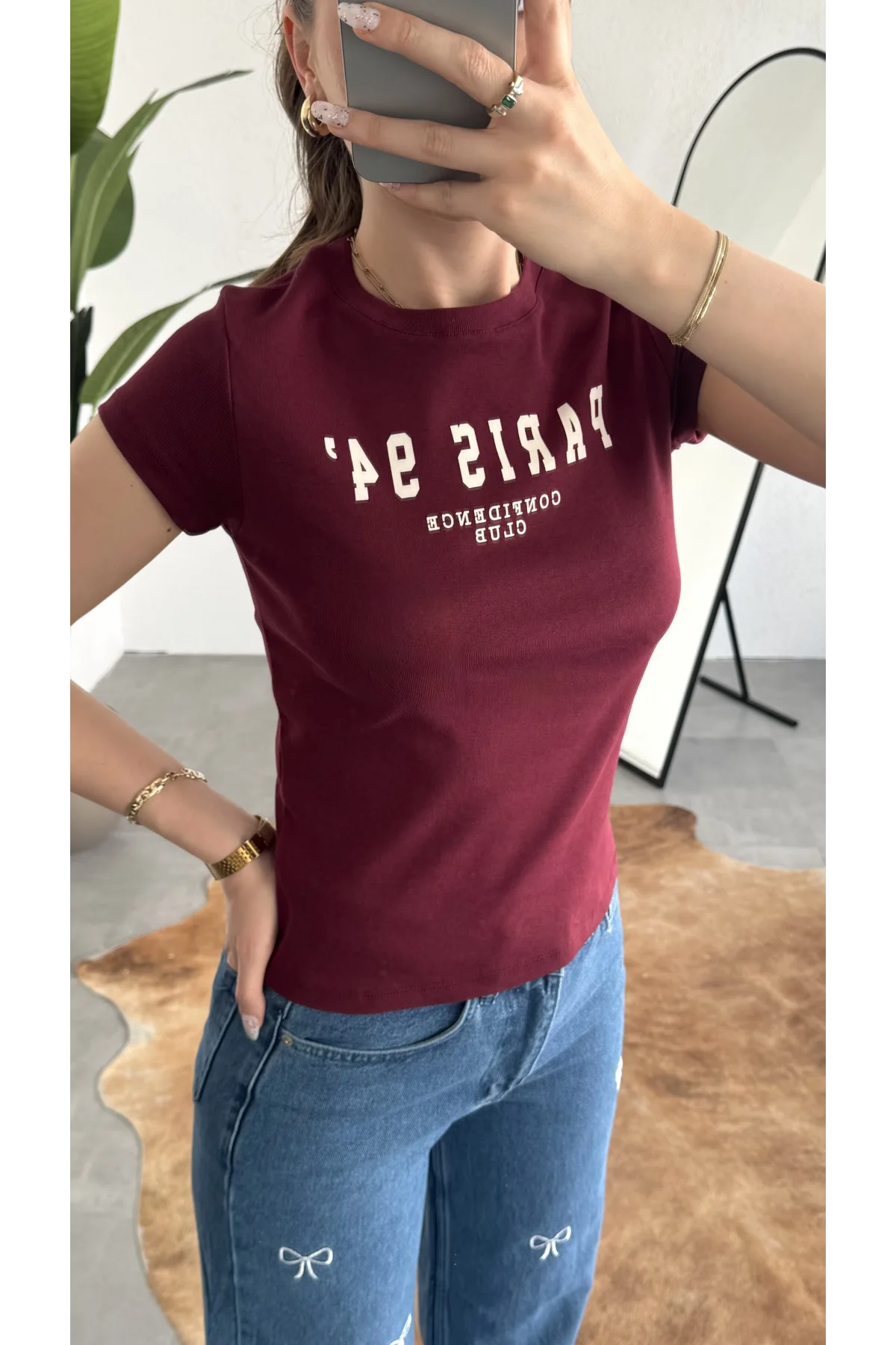 Kadın Bordo Paris 94 Baskılı Y2K Tarzı Crop Tişört - Pamuklu Örme Bluz