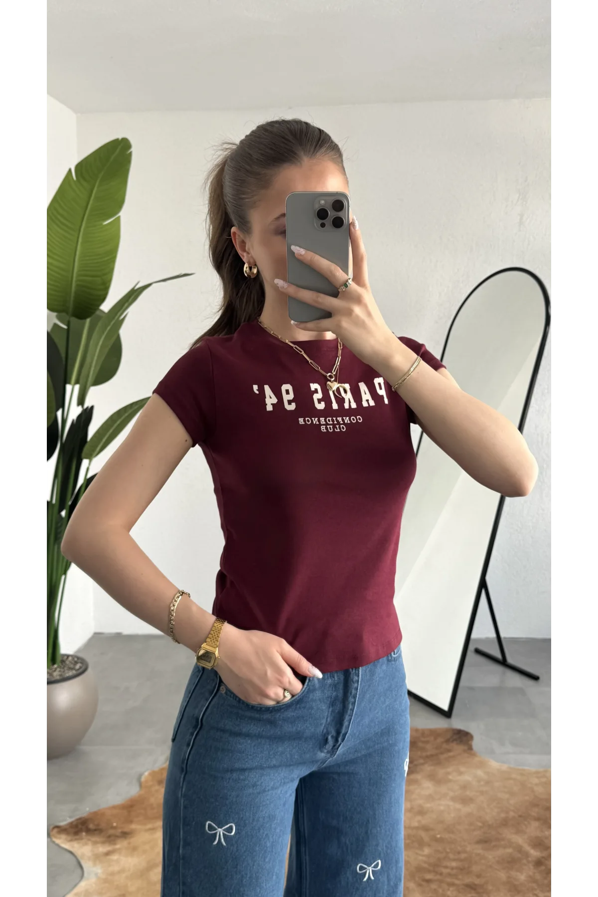 Kadın Bordo Paris 94 Baskılı Y2K Tarzı Crop Tişört - Pamuklu Örme Bluz