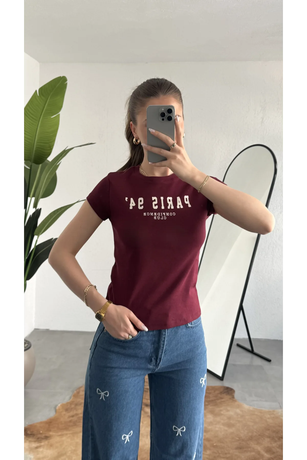 Kadın Bordo Paris 94 Baskılı Y2K Tarzı Crop Tişört - Pamuklu Örme Bluz