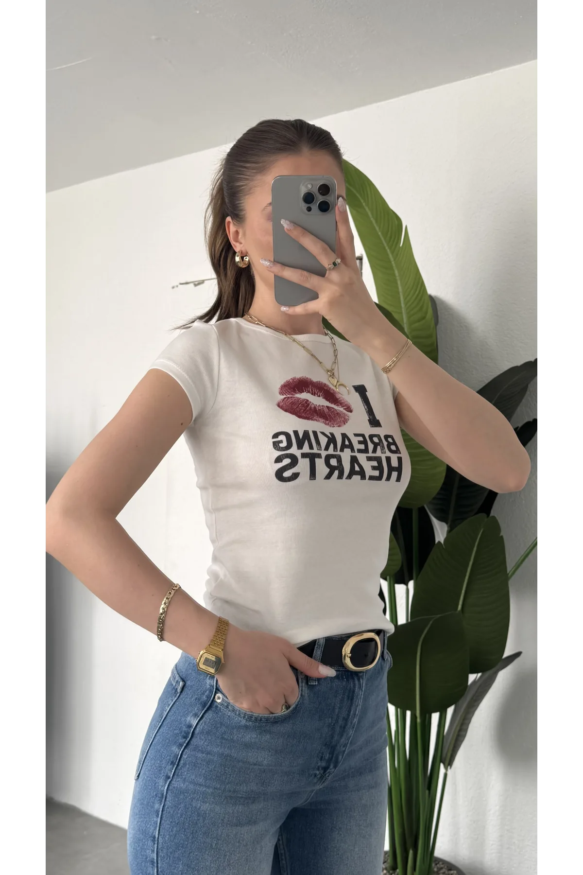 Kadın Beyaz Dudak Baskılı Beyaz Y2K Tarzı Crop Tişört - Pamuklu Örme Bluz