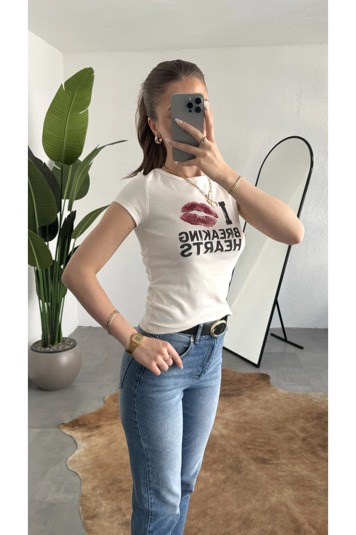 Kadın Beyaz Dudak Baskılı Beyaz Y2K Tarzı Crop Tişört - Pamuklu Örme Bluz