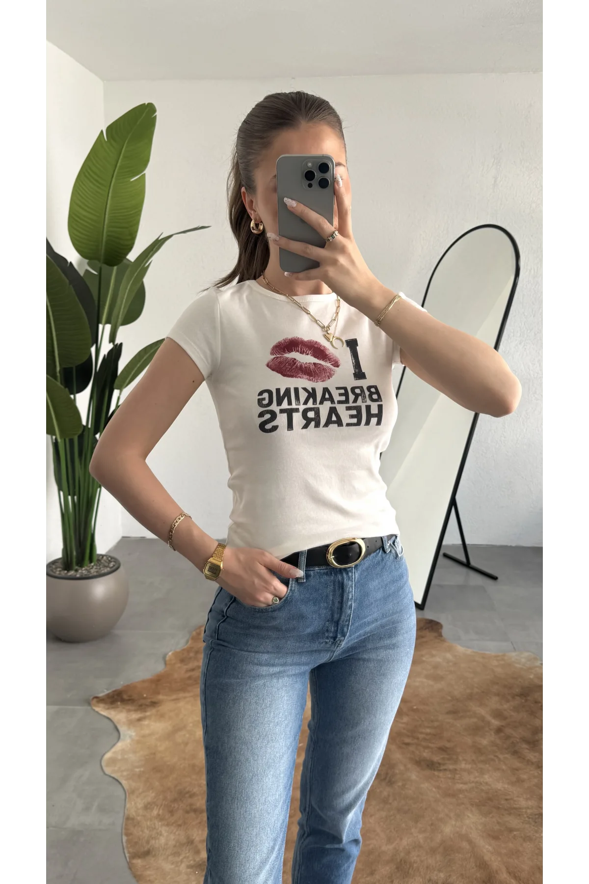 Kadın Beyaz Dudak Baskılı Beyaz Y2K Tarzı Crop Tişört - Pamuklu Örme Bluz