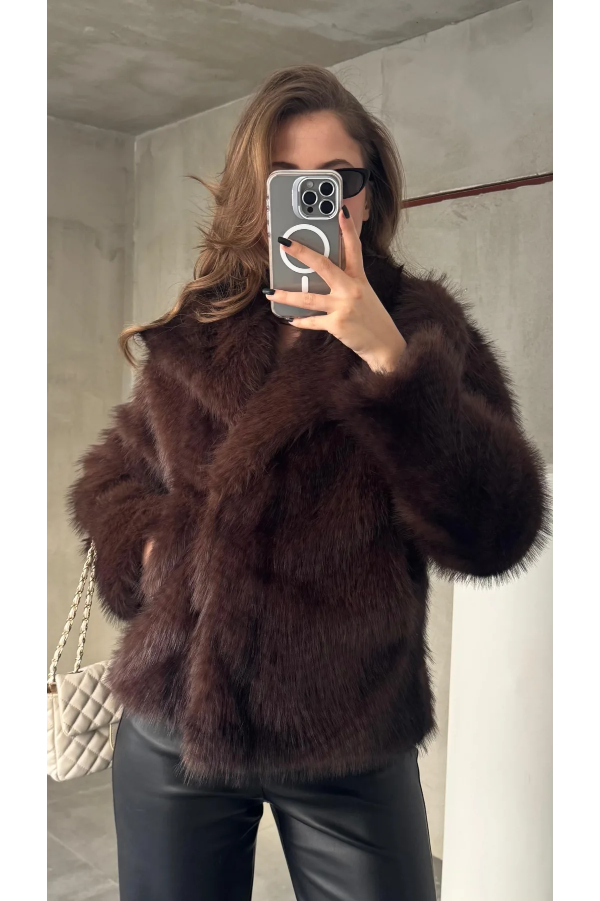 Acı Kahve Şal Yaka Jakarlı Çıt Çıtlı Cepli Geniş Kalıp Lolita Kürk