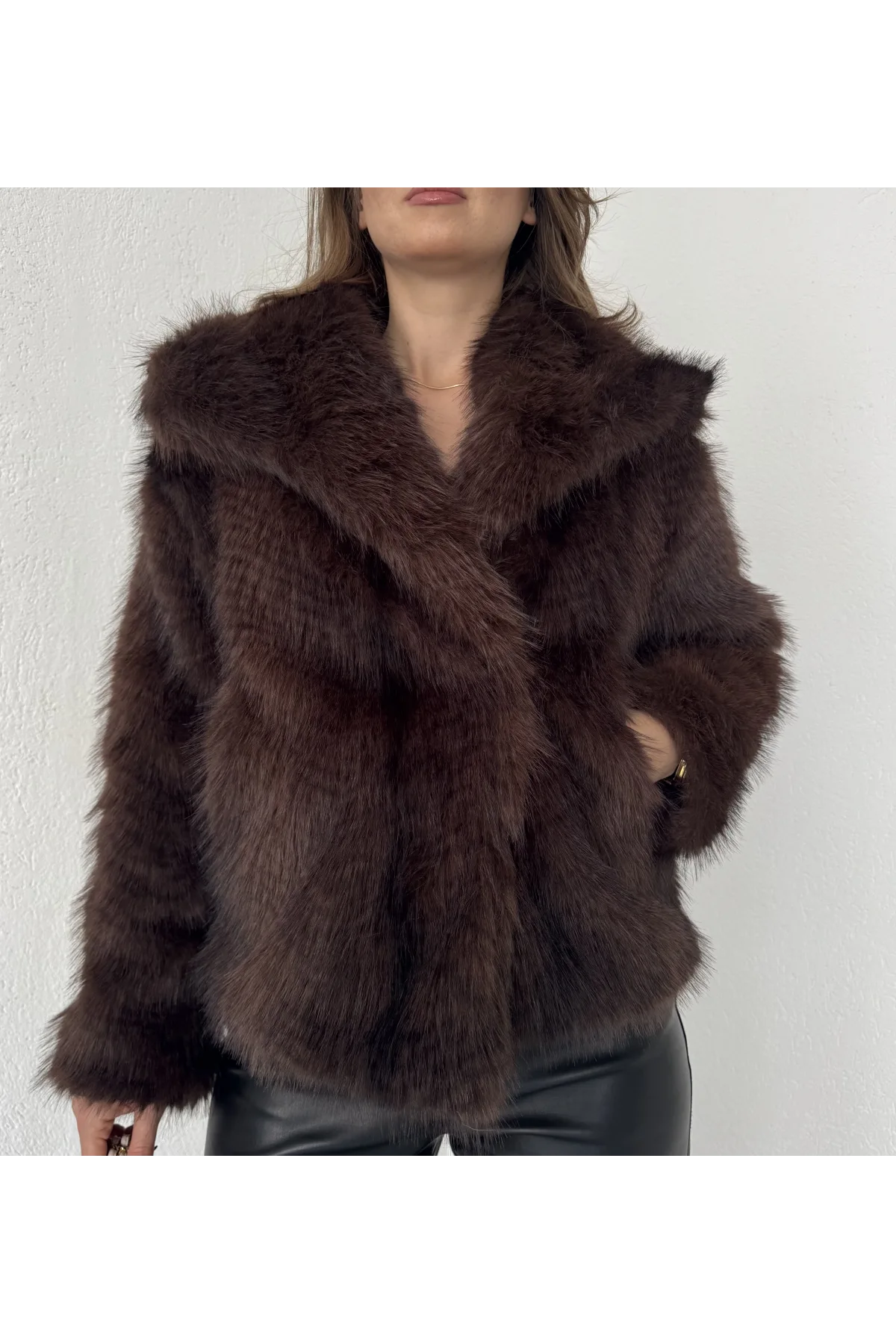 Acı Kahve Şal Yaka Jakarlı Çıt Çıtlı Cepli Geniş Kalıp Lolita Kürk