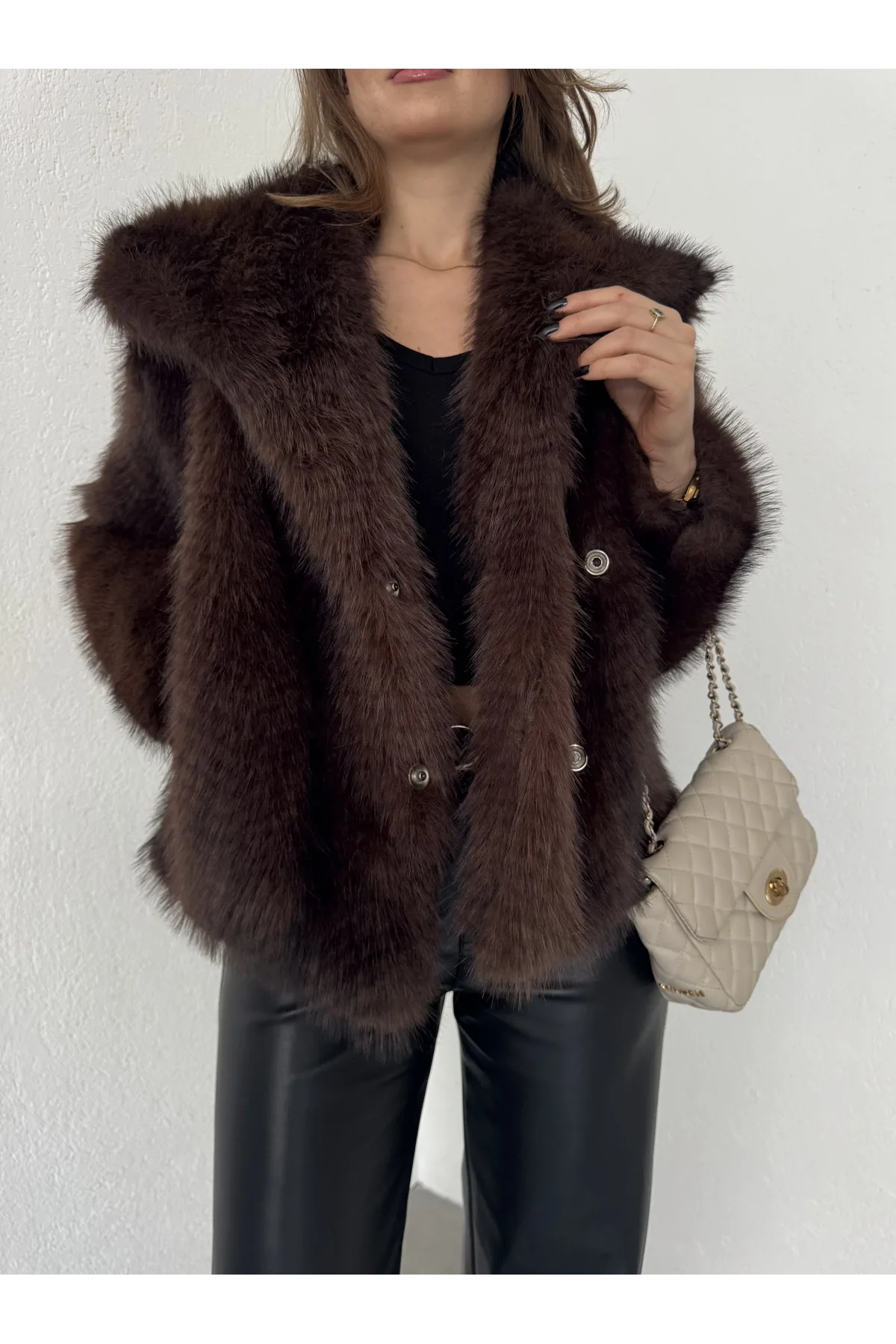 Acı Kahve Şal Yaka Jakarlı Çıt Çıtlı Cepli Geniş Kalıp Lolita Kürk