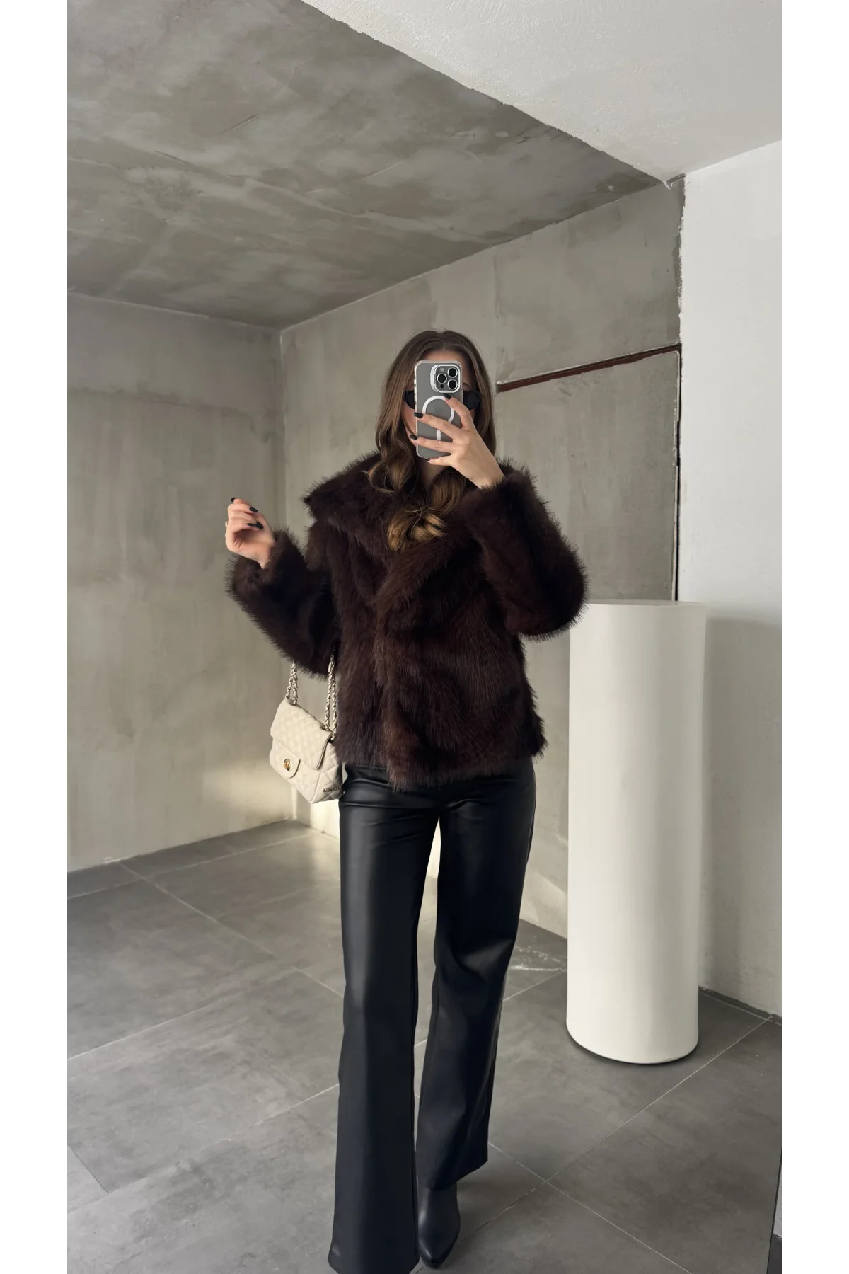 Acı Kahve Şal Yaka Jakarlı Çıt Çıtlı Cepli Geniş Kalıp Lolita Kürk