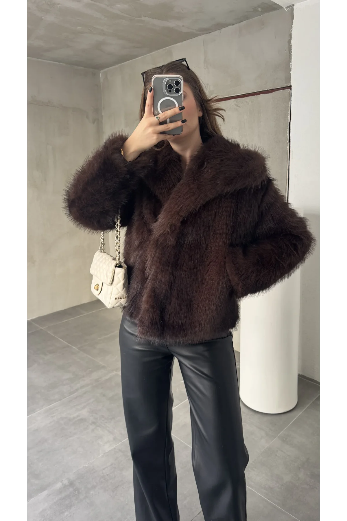 Acı Kahve Şal Yaka Jakarlı Çıt Çıtlı Cepli Geniş Kalıp Lolita Kürk