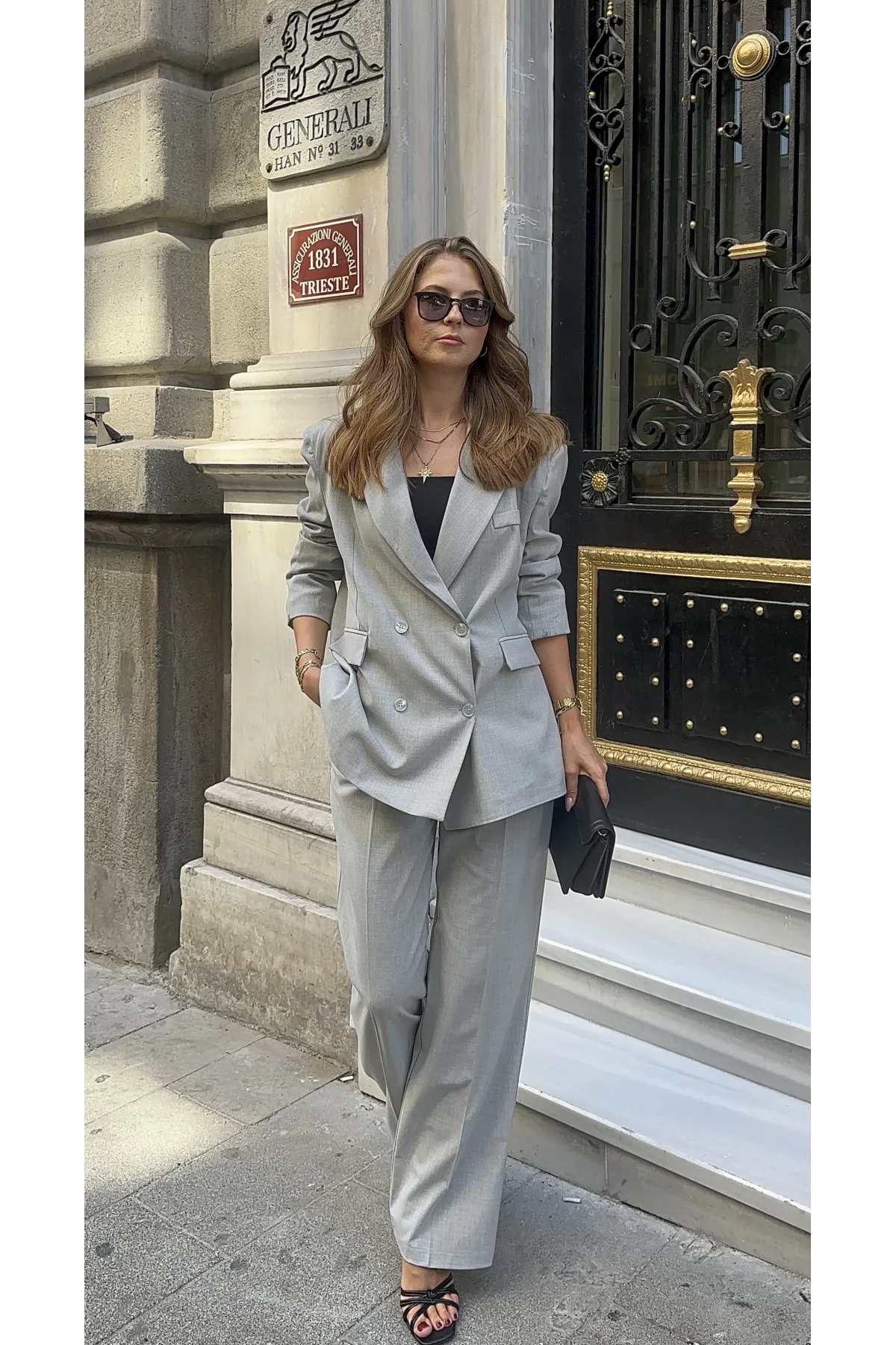 Açık Gri Oversize Kruvaze Ceket Tam Kalıp Palazzo Pantolon Viskon Premium İkili Takım