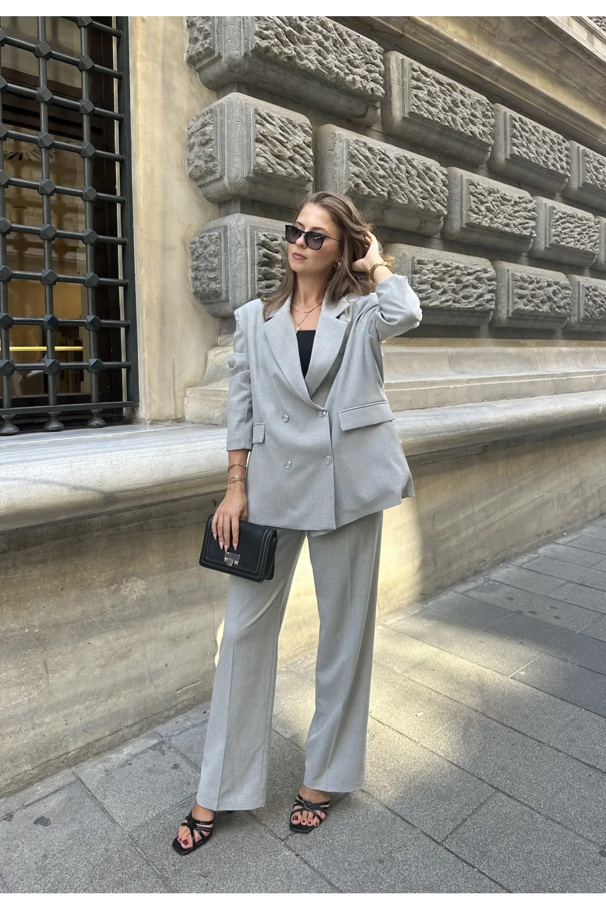 Açık Gri Oversize Kruvaze Ceket Tam Kalıp Palazzo Pantolon Viskon Premium İkili Takım