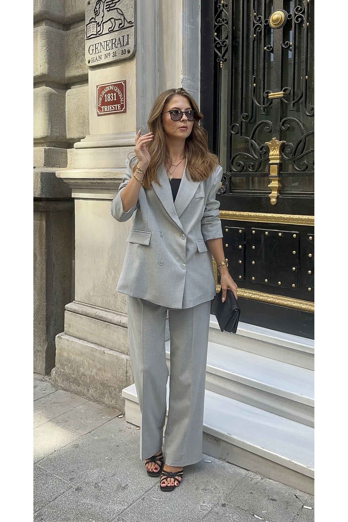 Açık Gri Oversize Kruvaze Ceket Tam Kalıp Palazzo Pantolon Viskon Premium İkili Takım