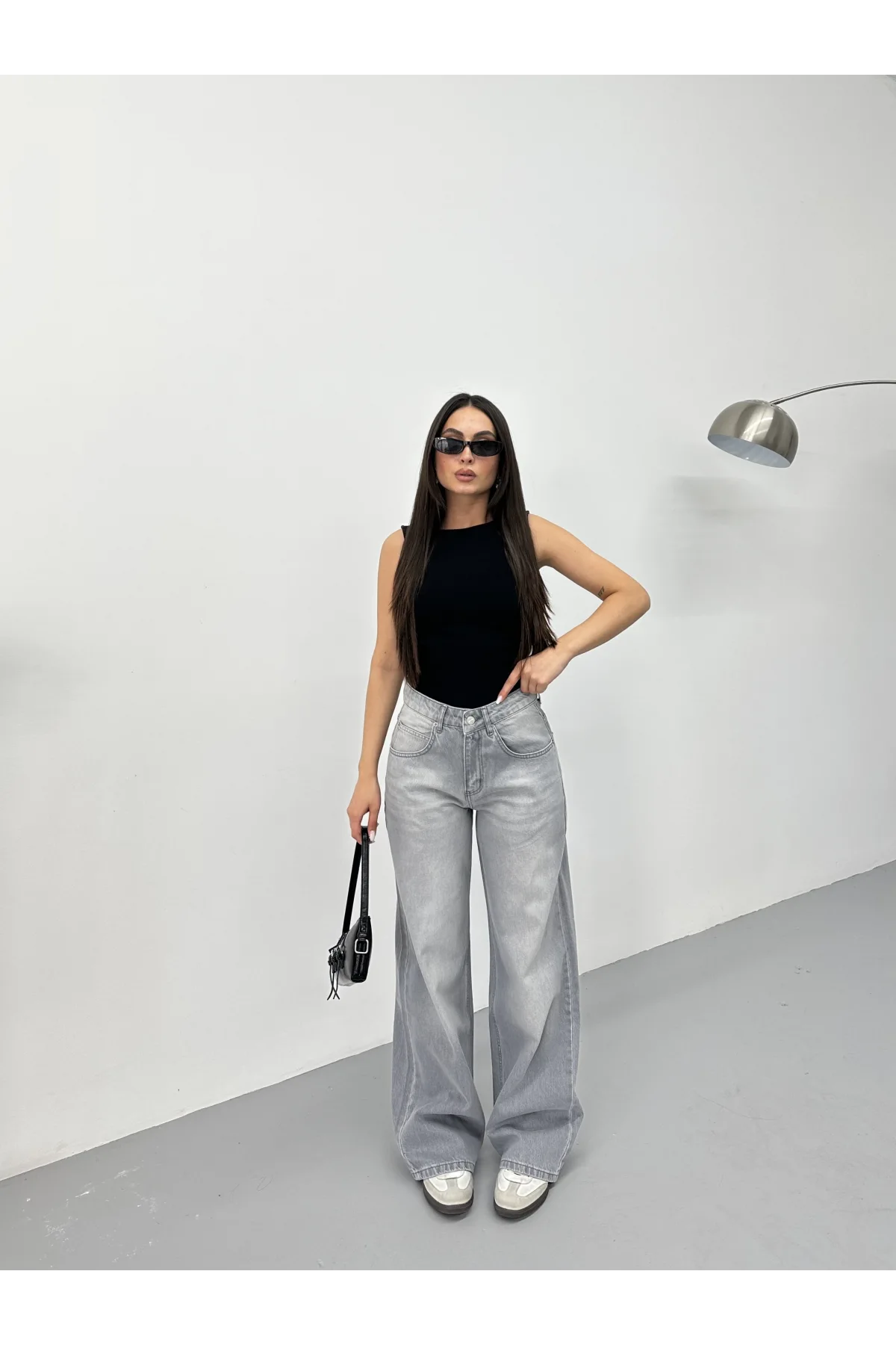 Açık Gri Yıkamalı Baggy Geniş Paça Yüksek Bel Oturtmalı Jean Kot Pantolon