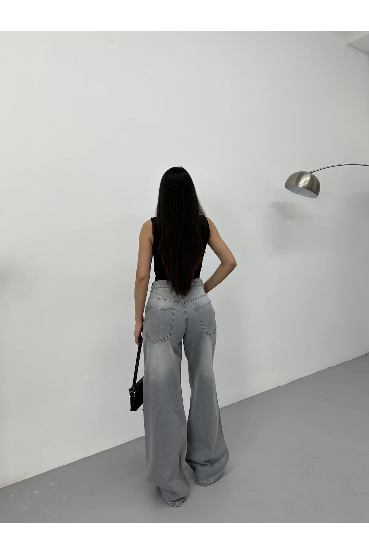 Açık Gri Yıkamalı Baggy Geniş Paça Yüksek Bel Oturtmalı Jean Kot Pantolon