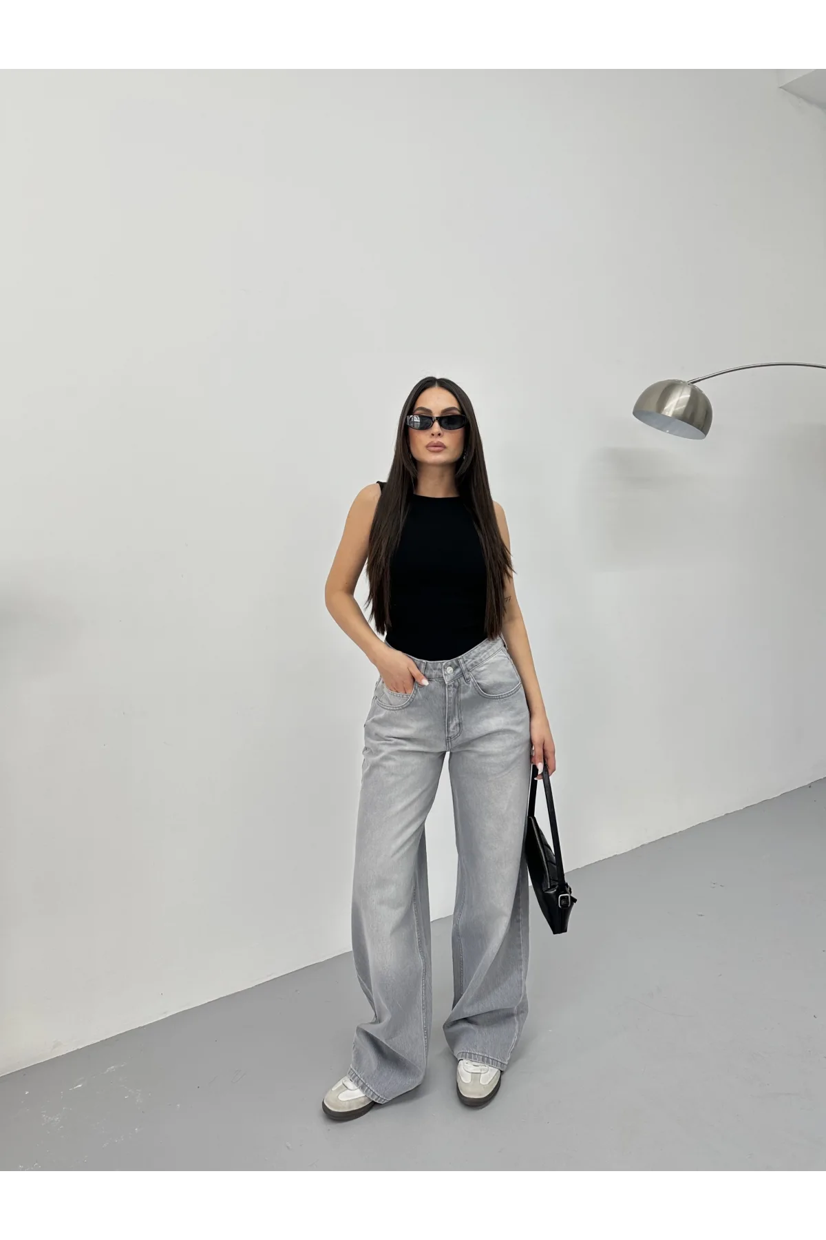 Açık Gri Yıkamalı Baggy Geniş Paça Yüksek Bel Oturtmalı Jean Kot Pantolon