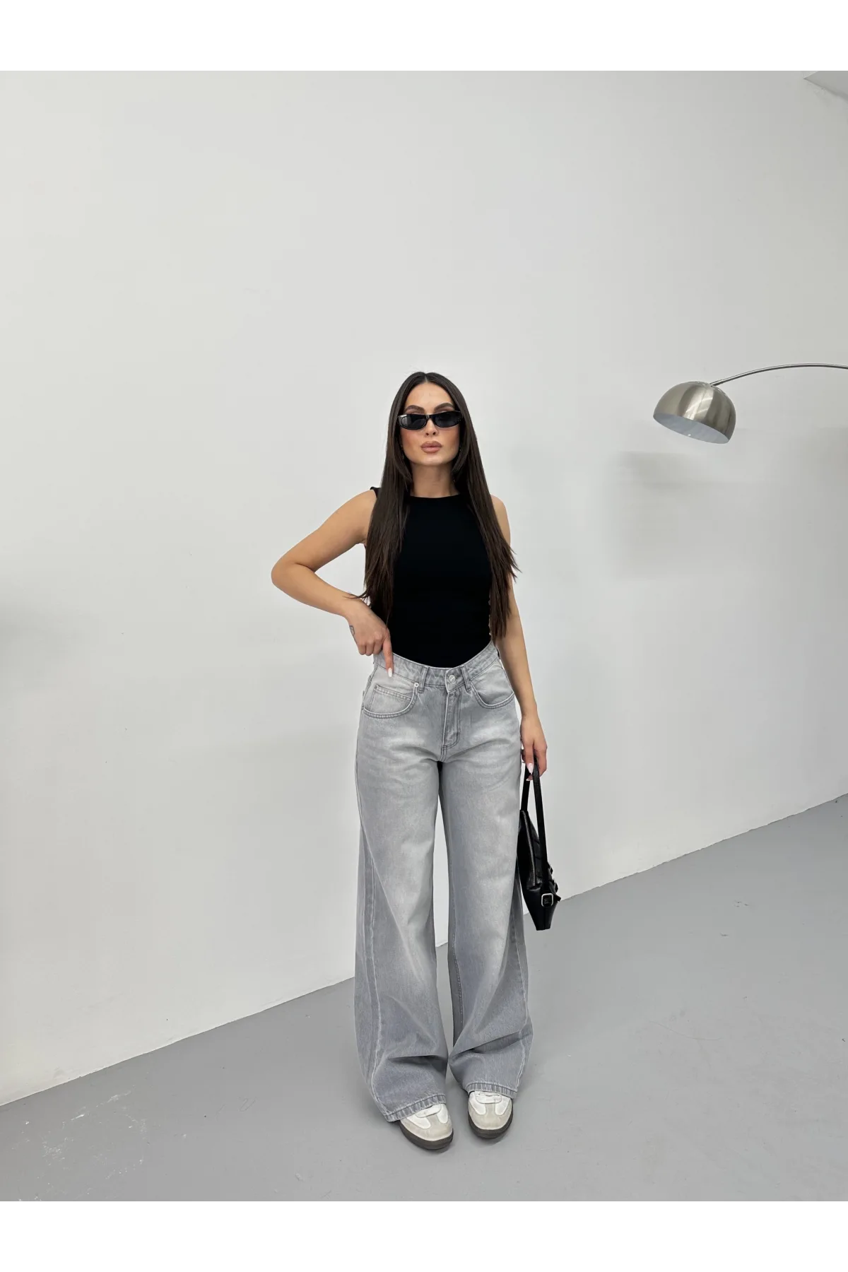 Açık Gri Yıkamalı Baggy Geniş Paça Yüksek Bel Oturtmalı Jean Kot Pantolon