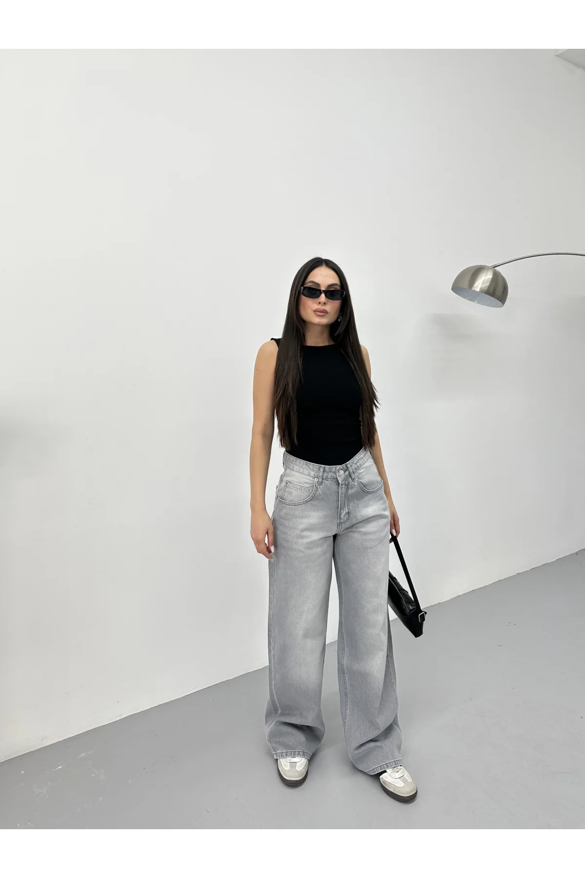 Açık Gri Yıkamalı Baggy Geniş Paça Yüksek Bel Oturtmalı Jean Kot Pantolon