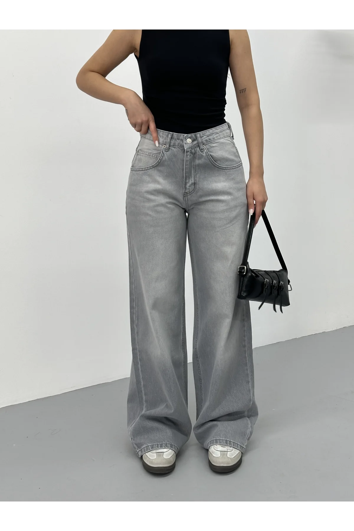 Açık Gri Yıkamalı Baggy Geniş Paça Yüksek Bel Oturtmalı Jean Kot Pantolon