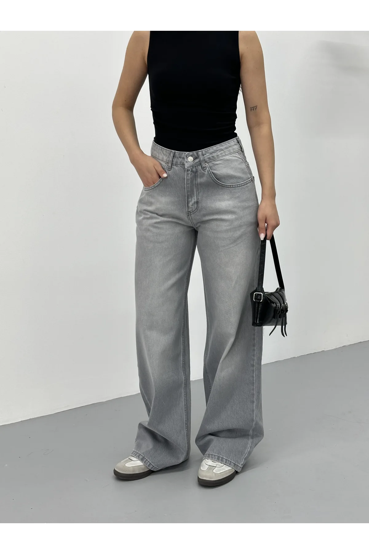 Açık Gri Yıkamalı Baggy Geniş Paça Yüksek Bel Oturtmalı Jean Kot Pantolon