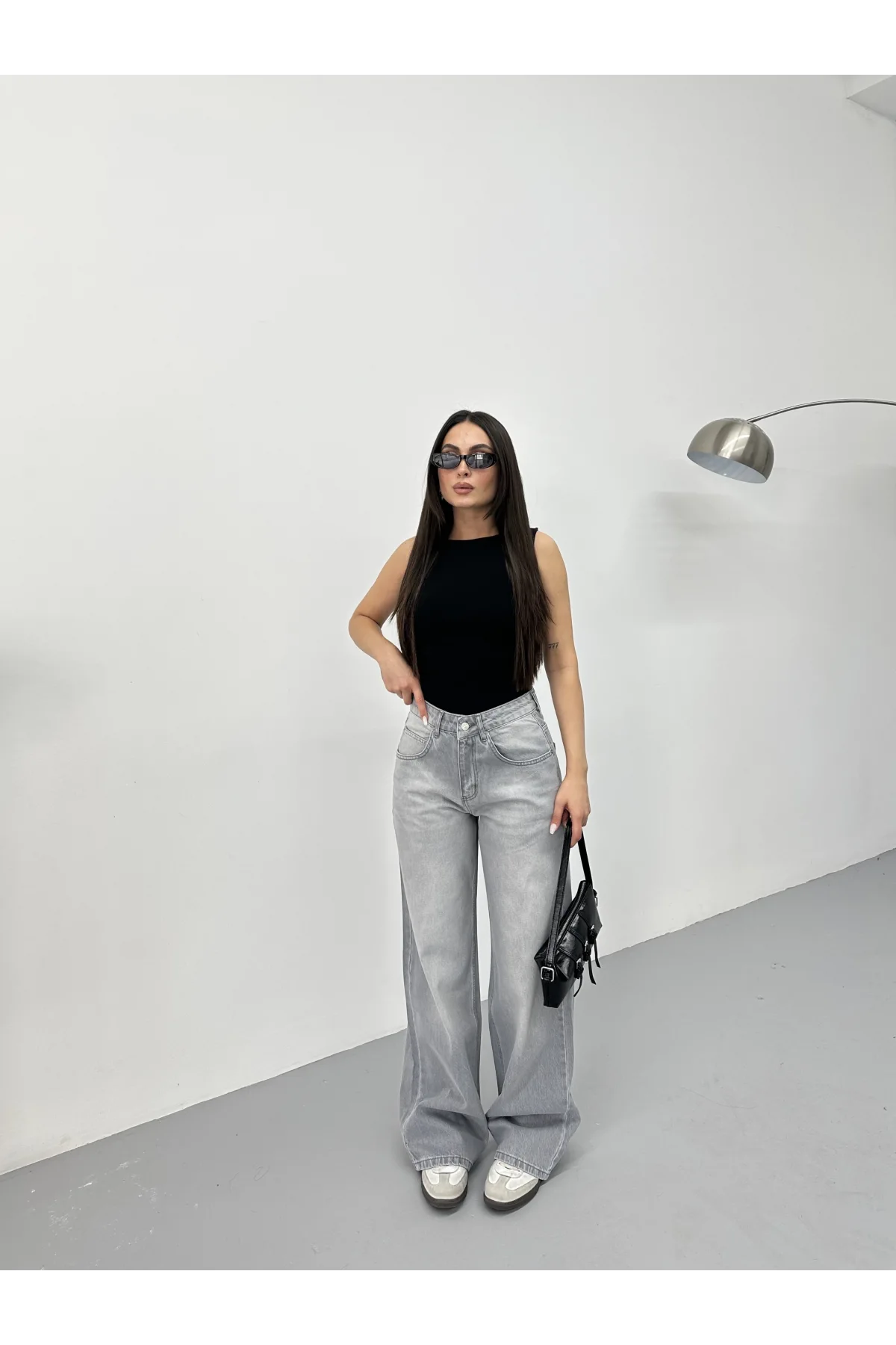 Açık Gri Yıkamalı Baggy Geniş Paça Yüksek Bel Oturtmalı Jean Kot Pantolon