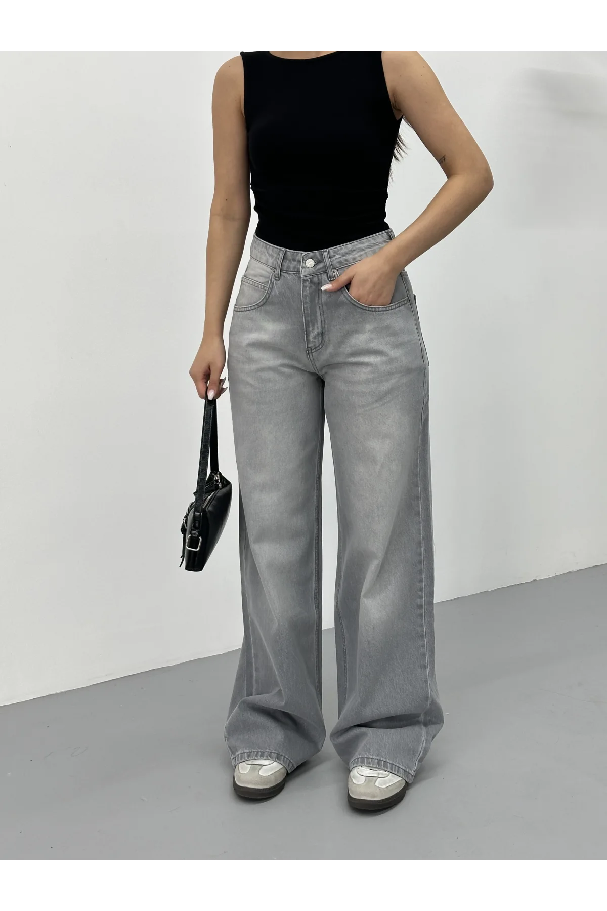 Açık Gri Yıkamalı Baggy Geniş Paça Yüksek Bel Oturtmalı Jean Kot Pantolon