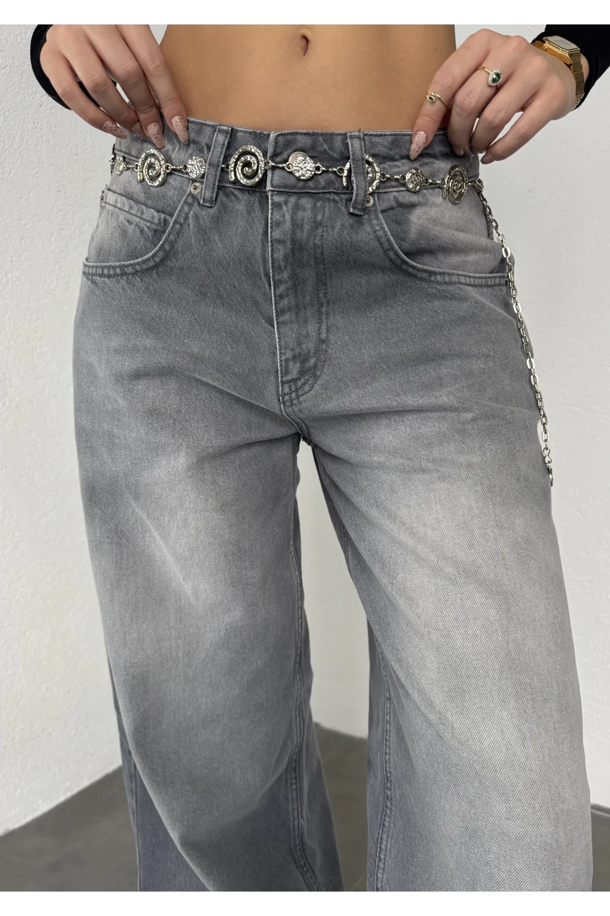 Açık Gri Yıkamalı Süper Baggy Ektra Geniş Paça Yüksek Bel Jean Kot Pantolon