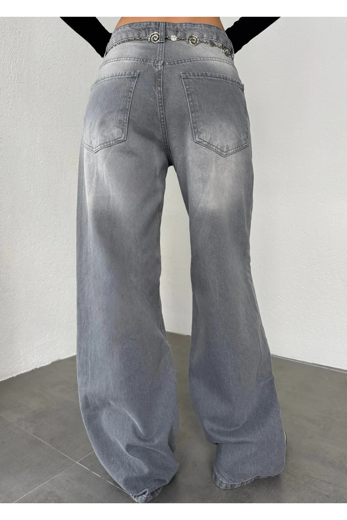 Açık Gri Yıkamalı Süper Baggy Ektra Geniş Paça Yüksek Bel Jean Kot Pantolon