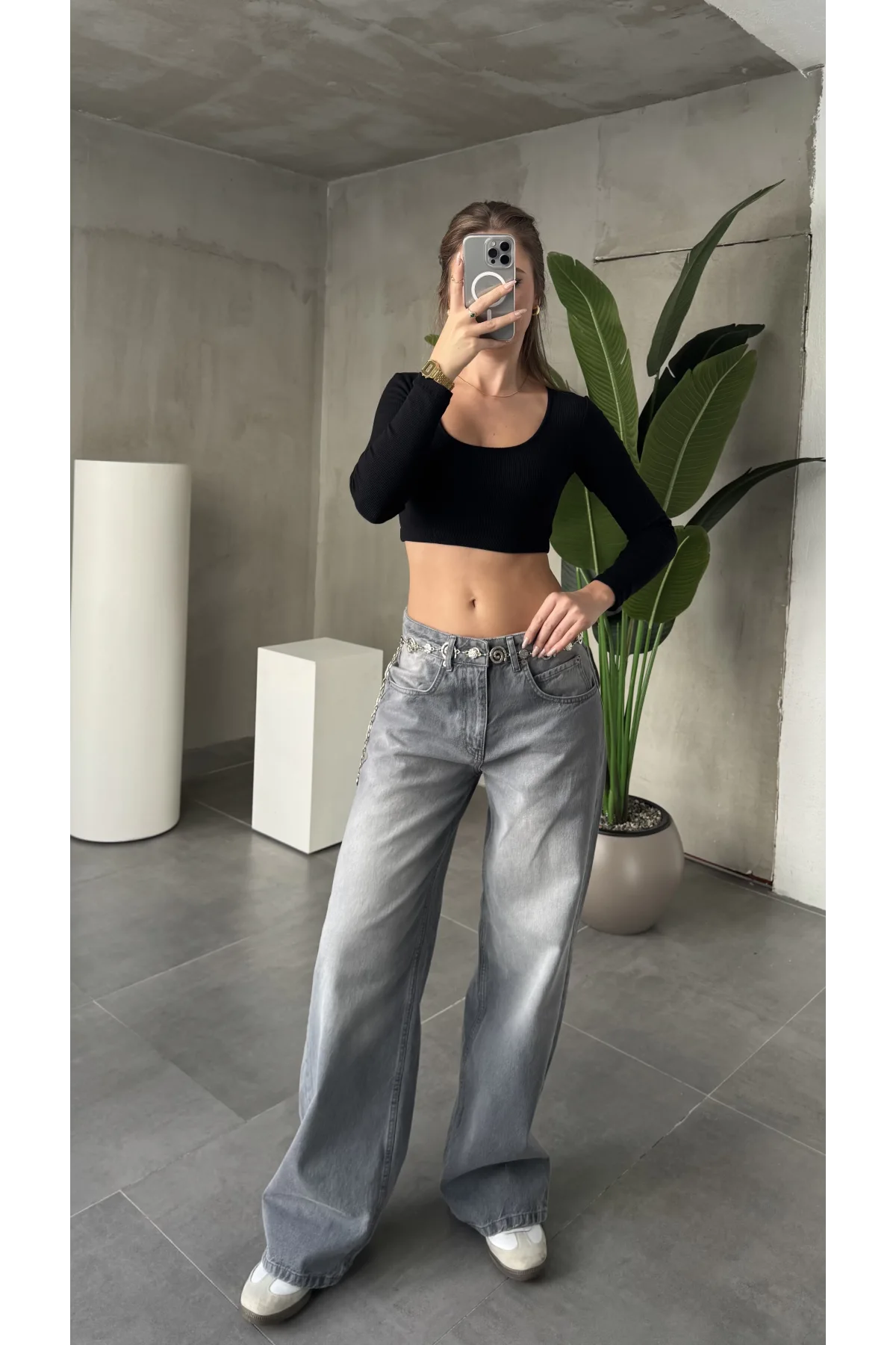 Açık Gri Yıkamalı Süper Baggy Ektra Geniş Paça Yüksek Bel Jean Kot Pantolon