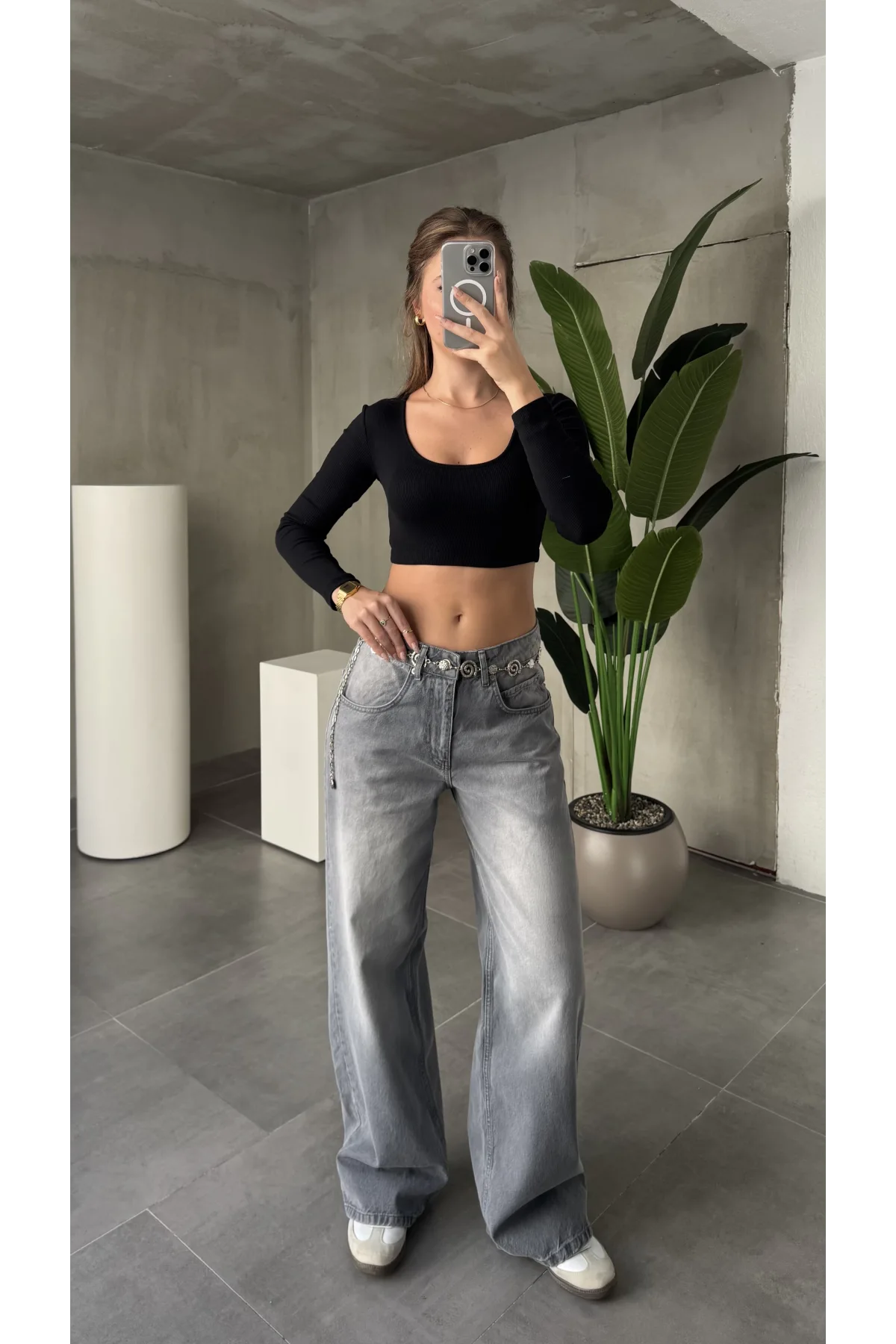 Açık Gri Yıkamalı Süper Baggy Ektra Geniş Paça Yüksek Bel Jean Kot Pantolon