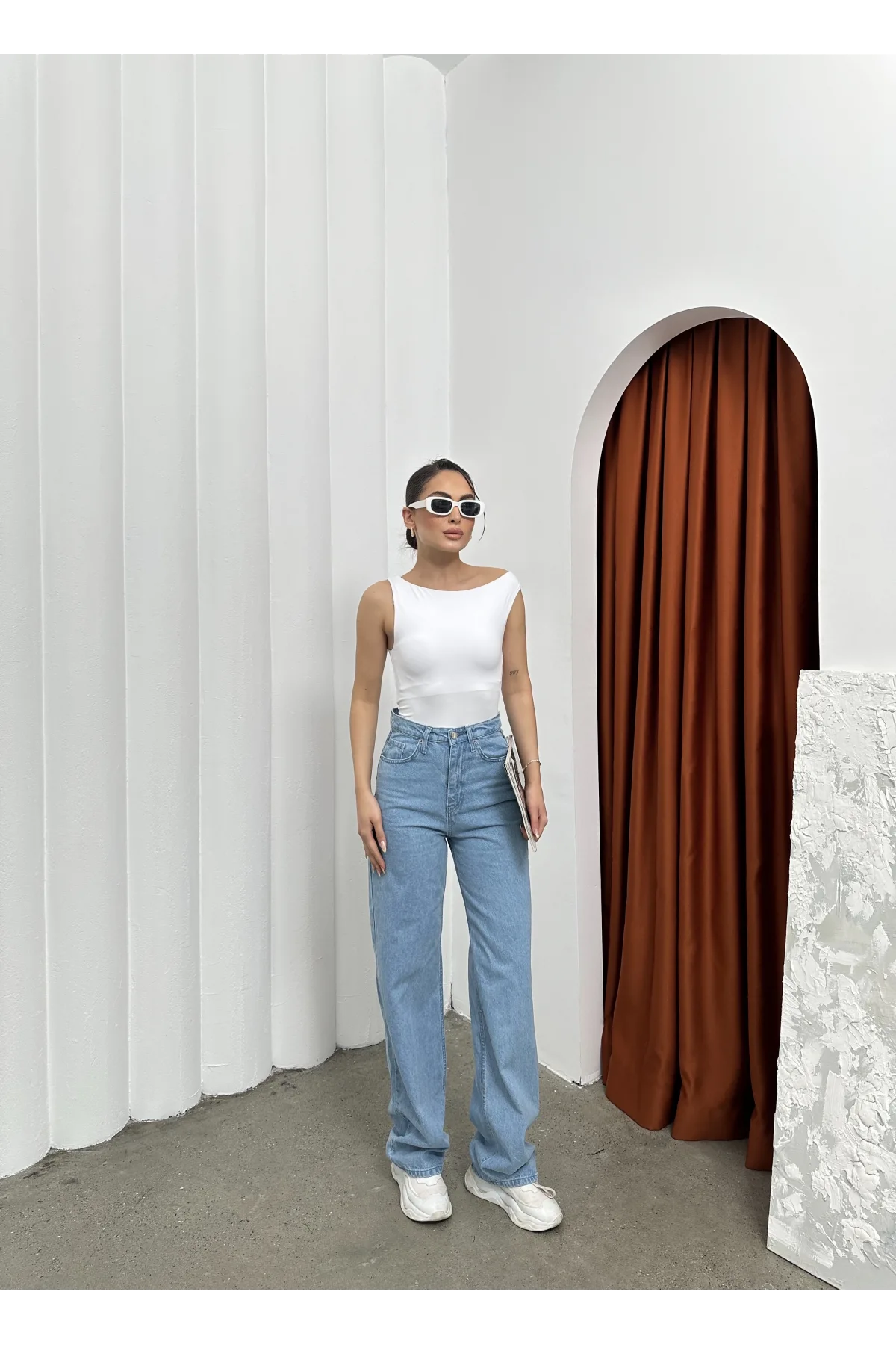 Açık Mavi Cep İşleme Detaylı Yıkamalı Baggy Geniş Paça Yüksek Bel Oturtmalı Jean Kot Pantolon