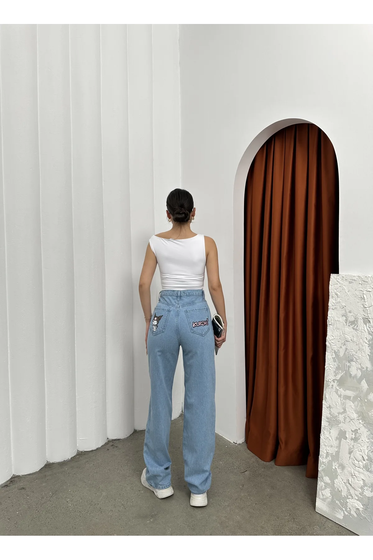 Açık Mavi Cep İşleme Detaylı Yıkamalı Baggy Geniş Paça Yüksek Bel Oturtmalı Jean Kot Pantolon