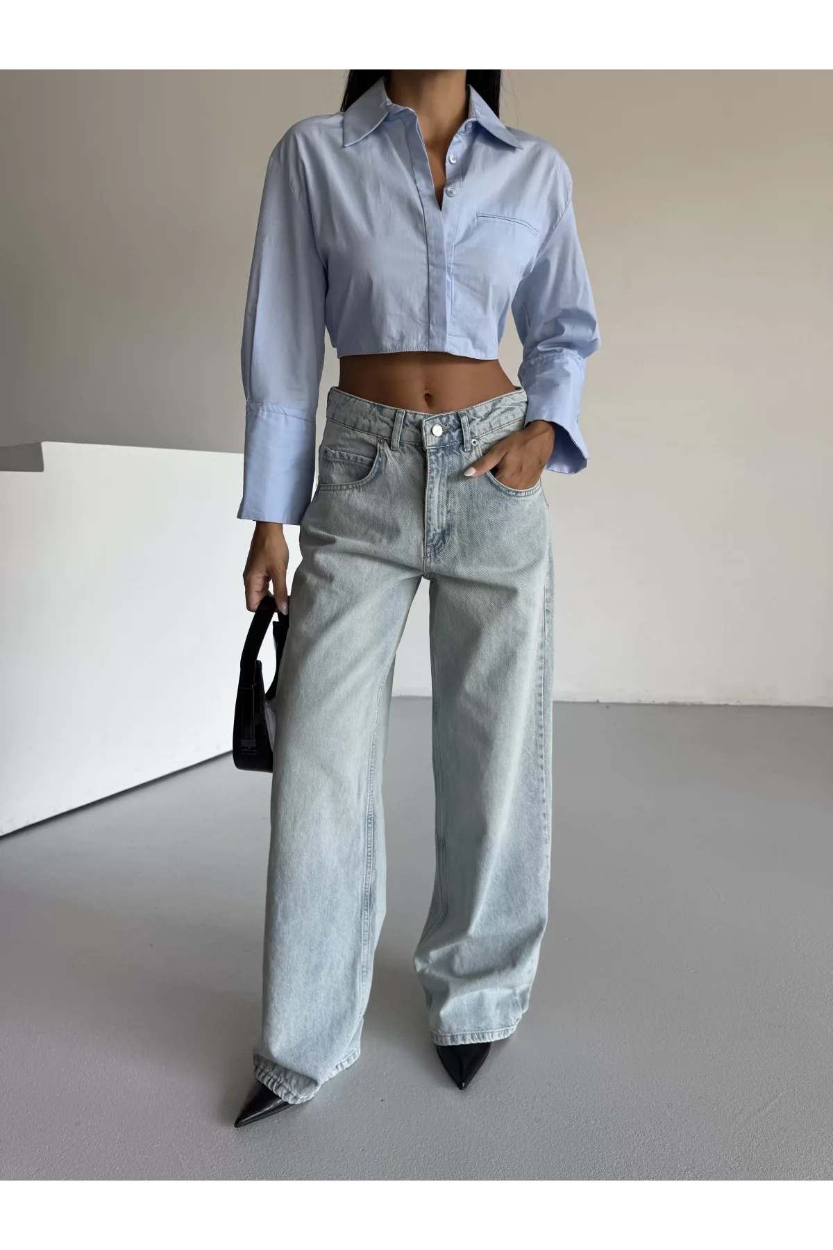 Açık Mavi Yıkamalı Baggy Geniş Paça Yüksel Bel Oturtmalı Jean Kot Pantolon