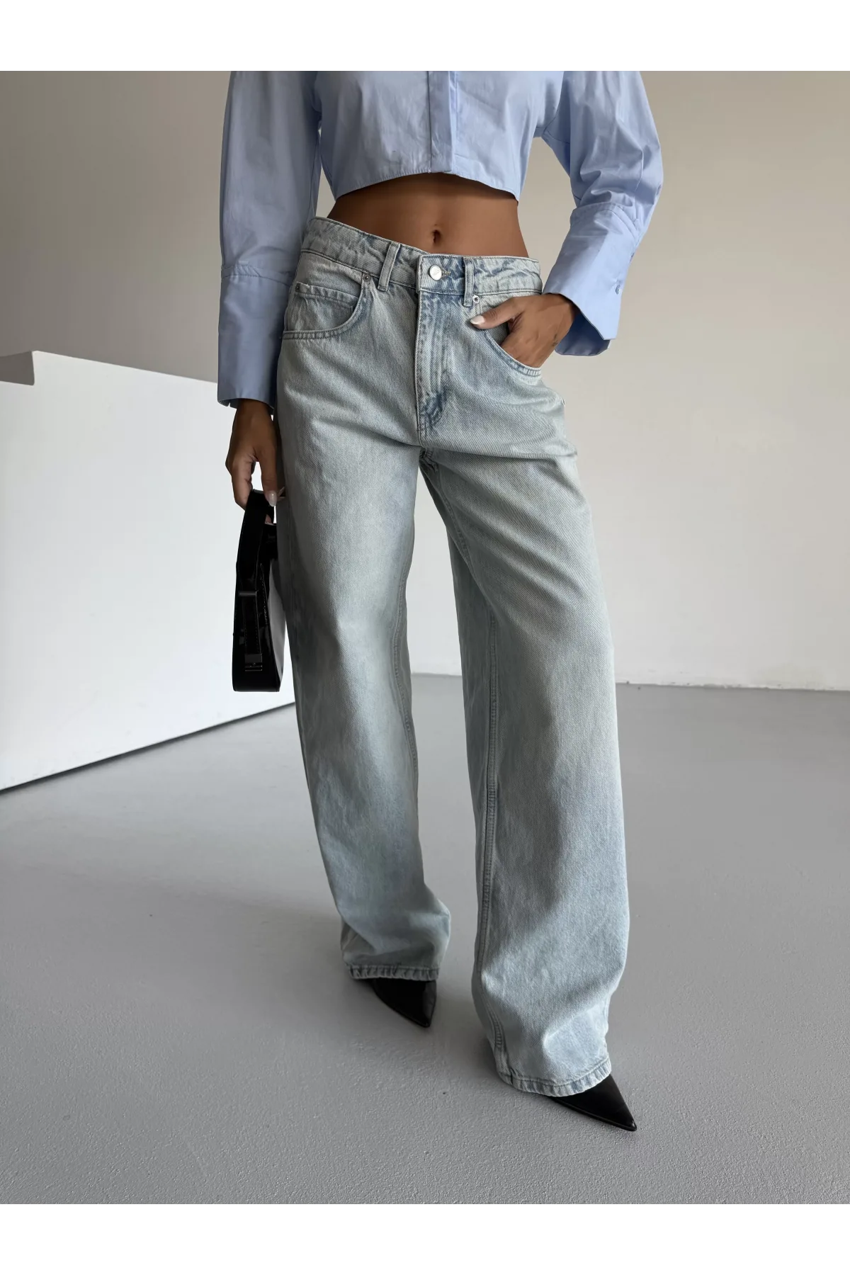 Açık Mavi Yıkamalı Baggy Geniş Paça Yüksel Bel Oturtmalı Jean Kot Pantolon