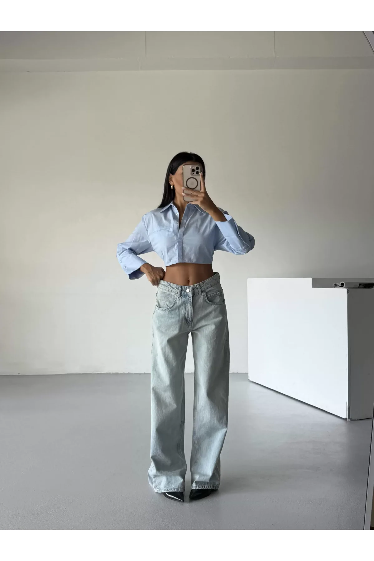 Açık Mavi Yıkamalı Baggy Geniş Paça Yüksel Bel Oturtmalı Jean Kot Pantolon