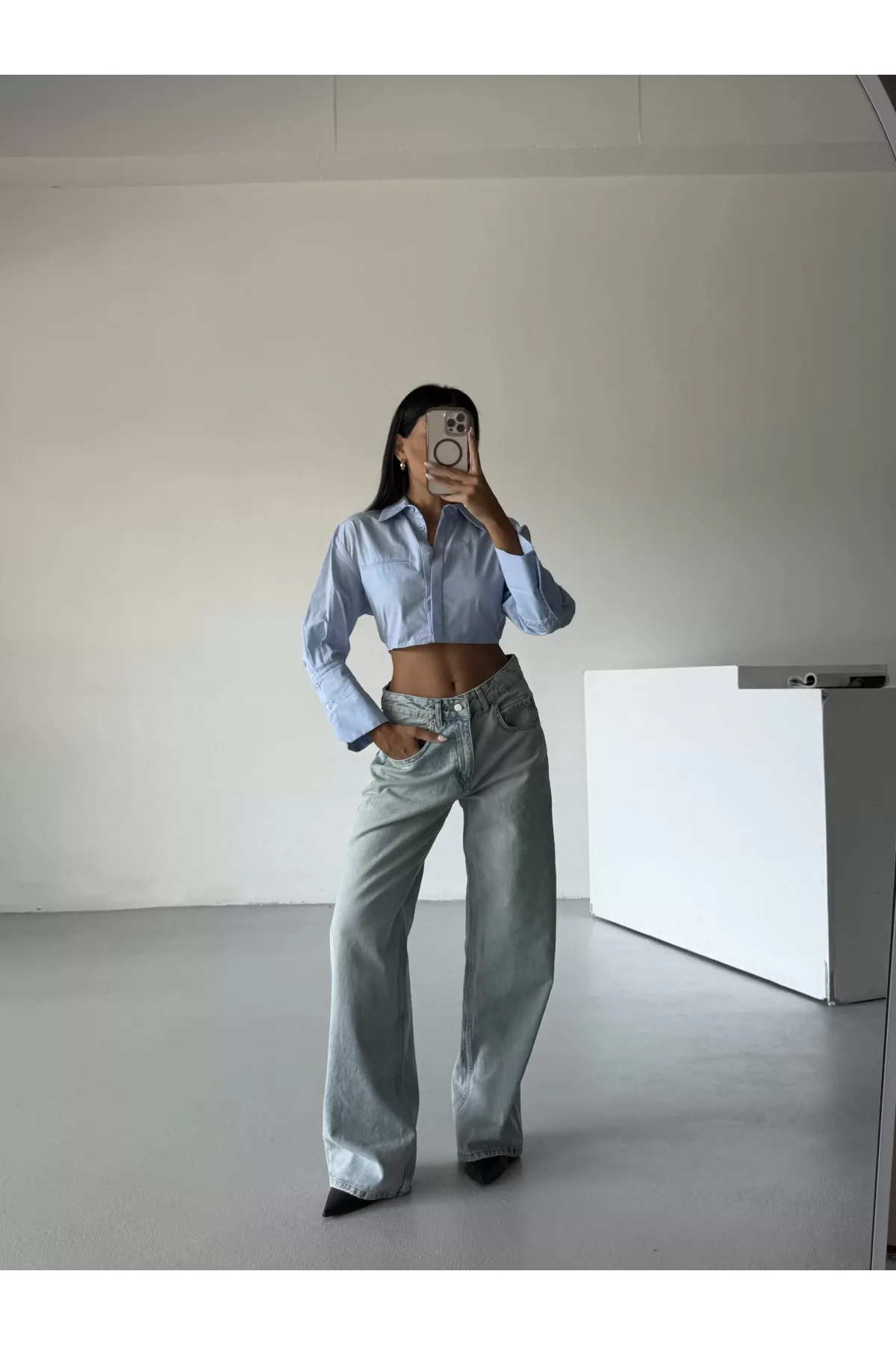 Açık Mavi Yıkamalı Baggy Geniş Paça Yüksel Bel Oturtmalı Jean Kot Pantolon