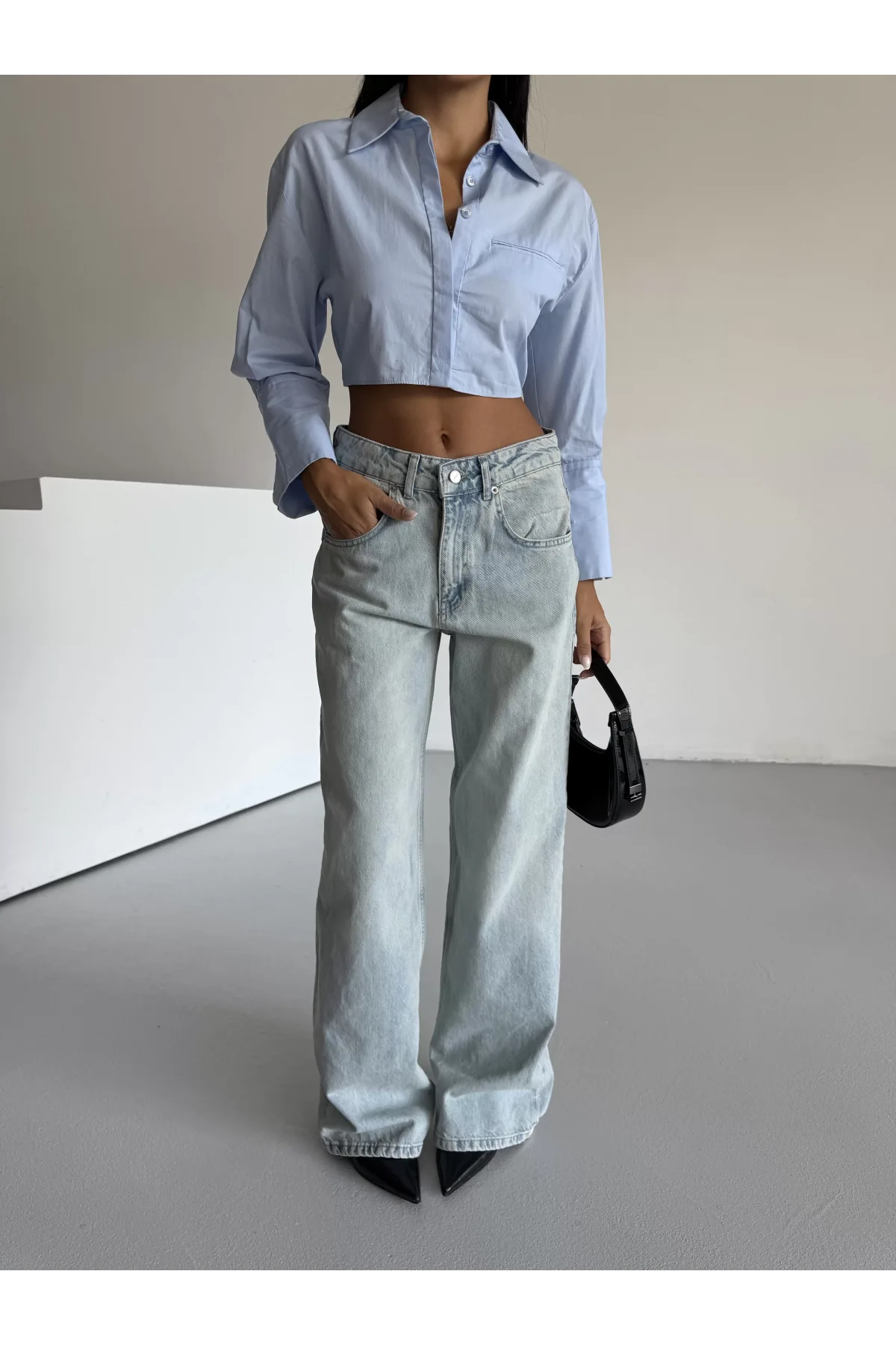 Açık Mavi Yıkamalı Baggy Geniş Paça Yüksel Bel Oturtmalı Jean Kot Pantolon