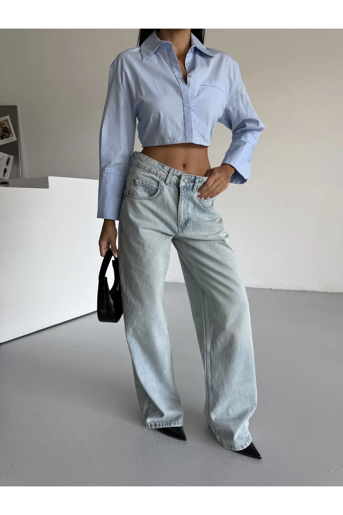 Açık Mavi Yıkamalı Baggy Geniş Paça Yüksel Bel Oturtmalı Jean Kot Pantolon