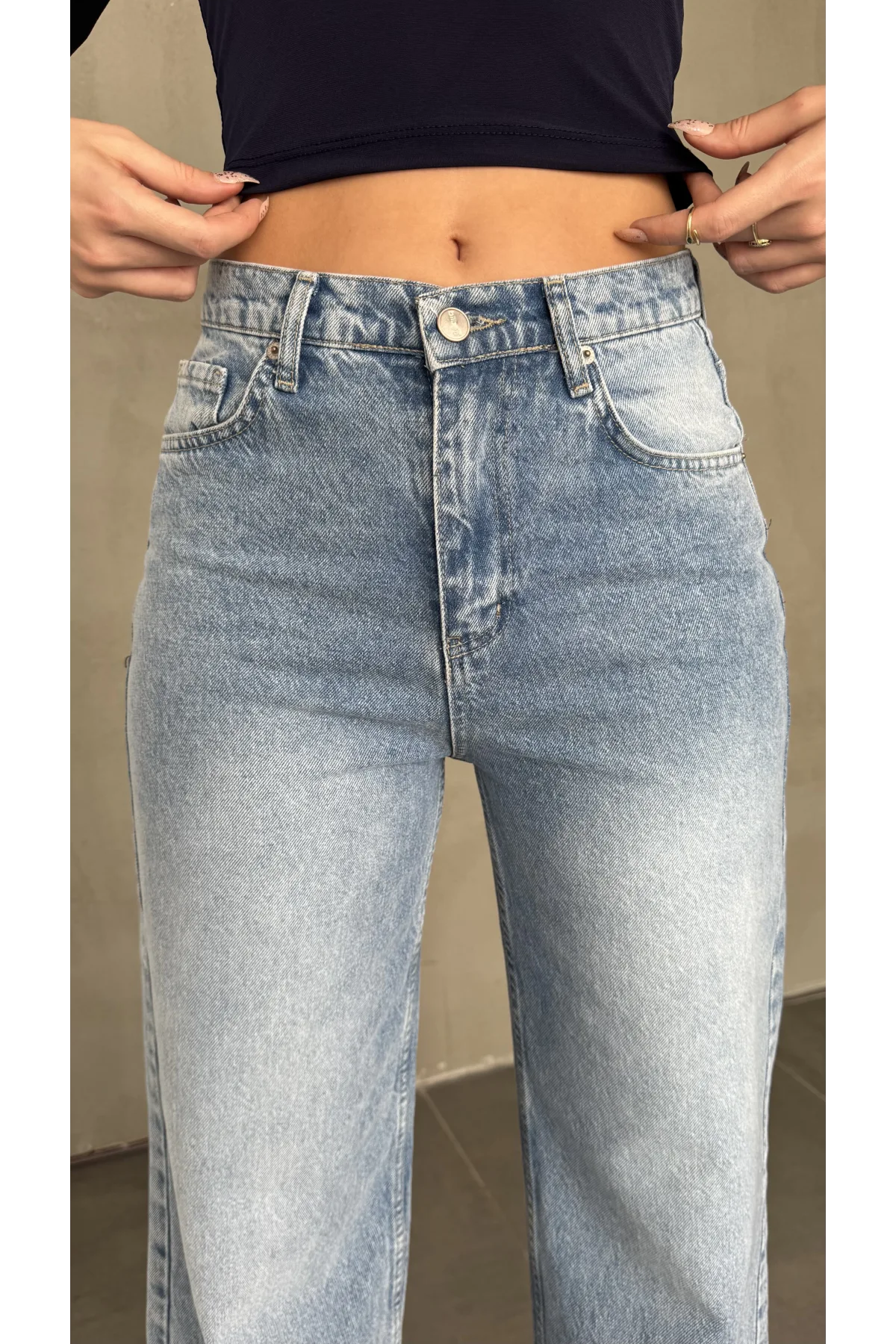 Açık Mavi Yıkamalı Baggy Geniş Paça Yüksek Bel Wide Leg Jean Kot Pantolon