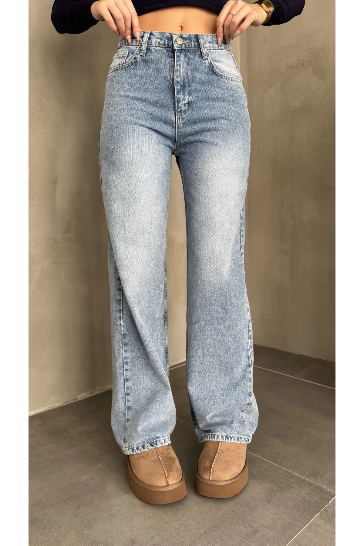 Açık Mavi Yıkamalı Baggy Geniş Paça Yüksek Bel Wide Leg Jean Kot Pantolon