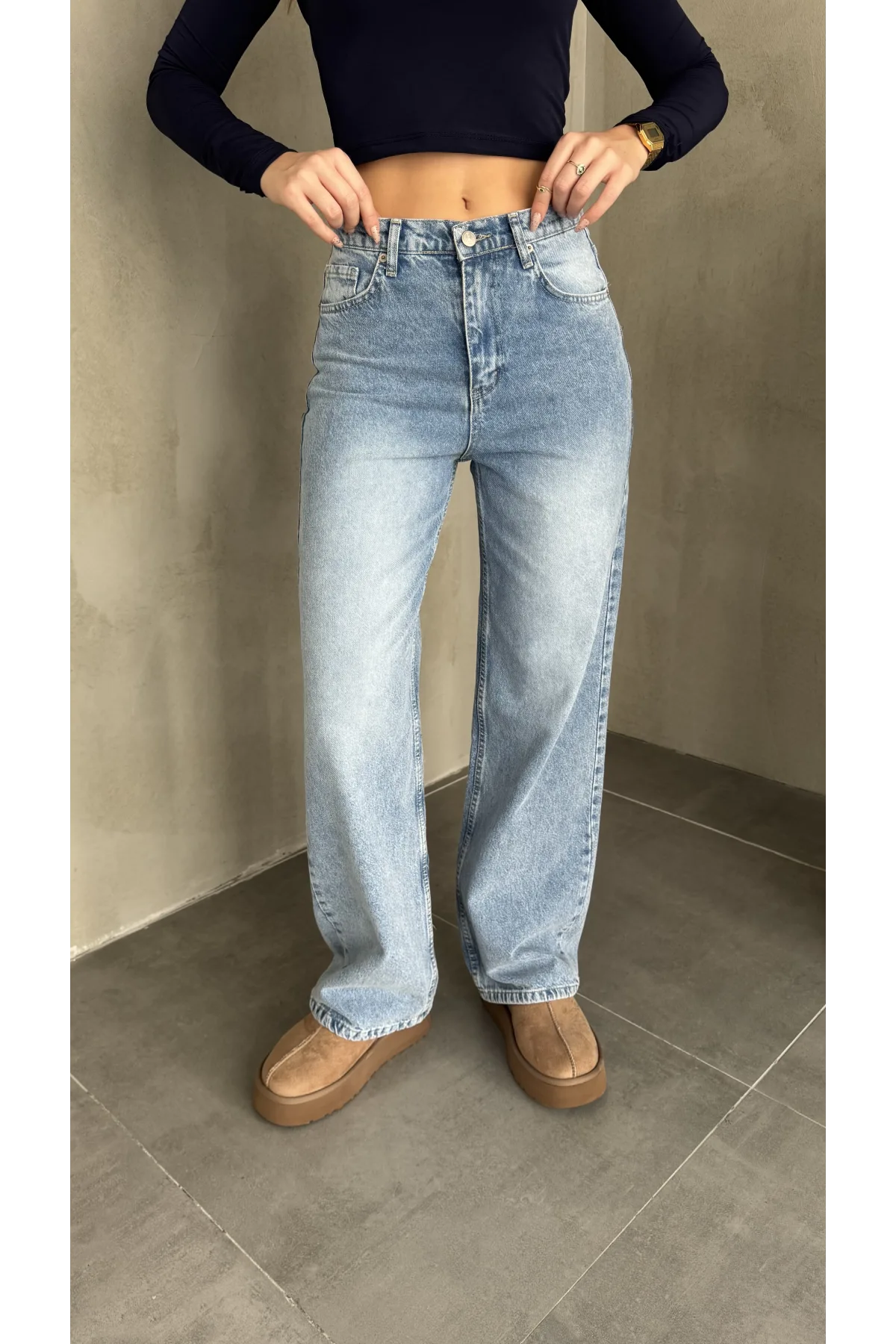 Açık Mavi Yıkamalı Baggy Geniş Paça Yüksek Bel Wide Leg Jean Kot Pantolon