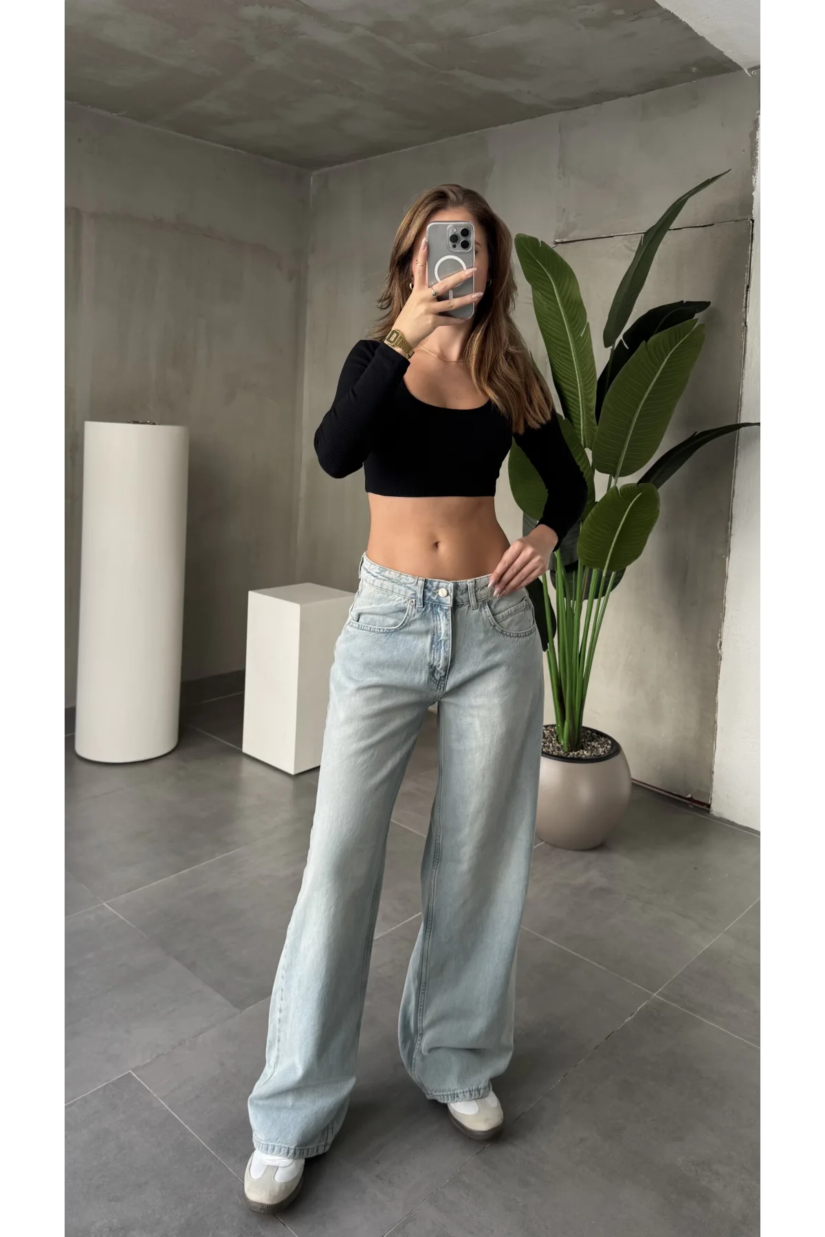 Açık Mavi Yıkamalı Süper Baggy Ektra Geniş Paça Yüksek Bel Jean Kot Pantolon