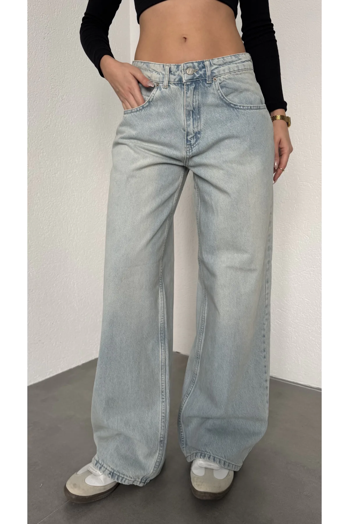 Açık Mavi Yıkamalı Süper Baggy Ektra Geniş Paça Yüksek Bel Jean Kot Pantolon