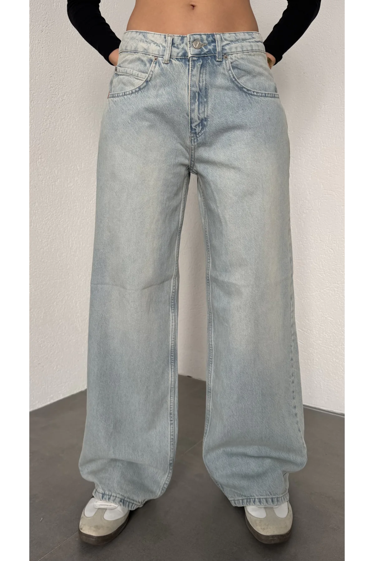 Açık Mavi Yıkamalı Süper Baggy Ektra Geniş Paça Yüksek Bel Jean Kot Pantolon