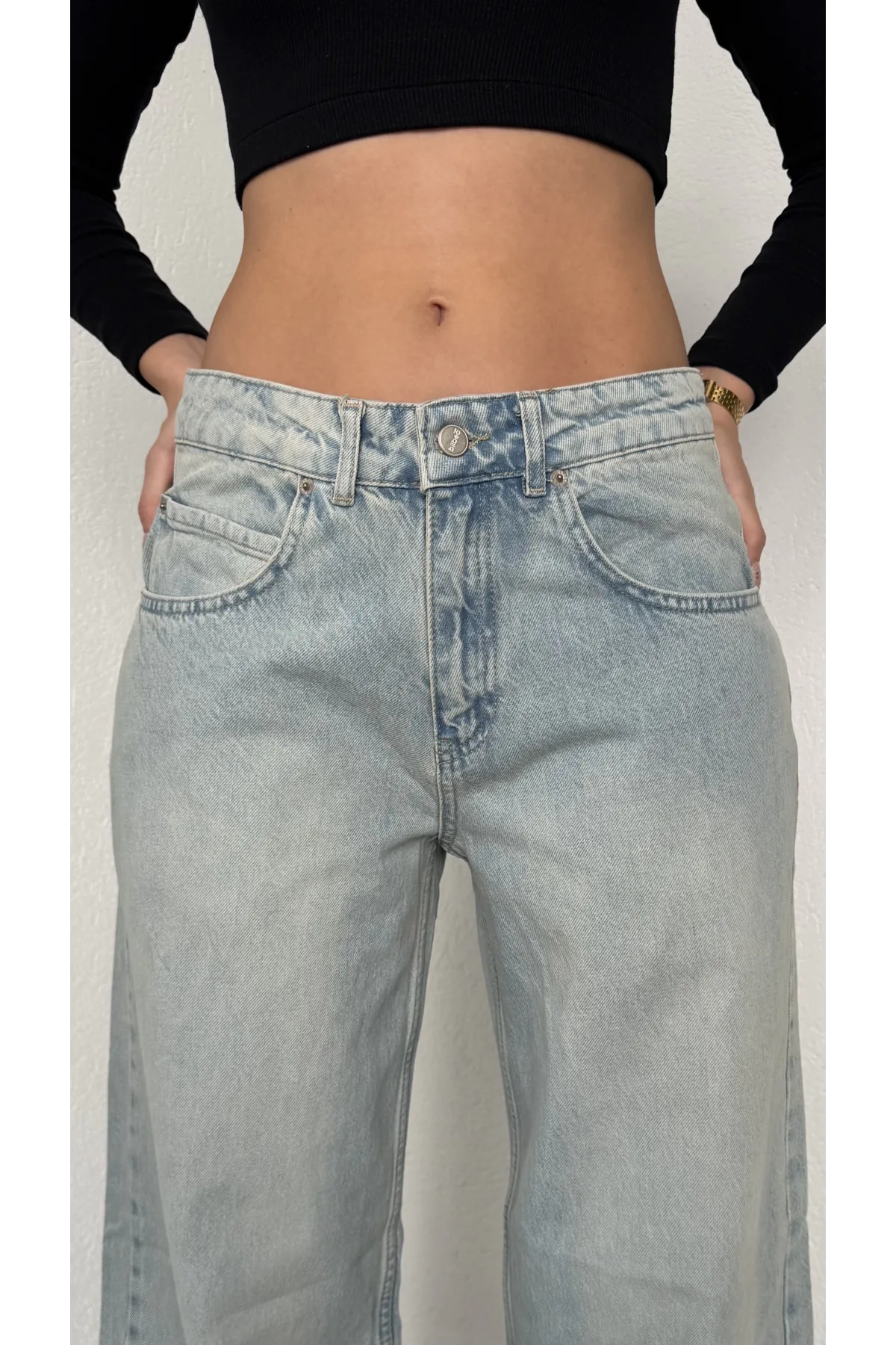 Açık Mavi Yıkamalı Süper Baggy Ektra Geniş Paça Yüksek Bel Jean Kot Pantolon