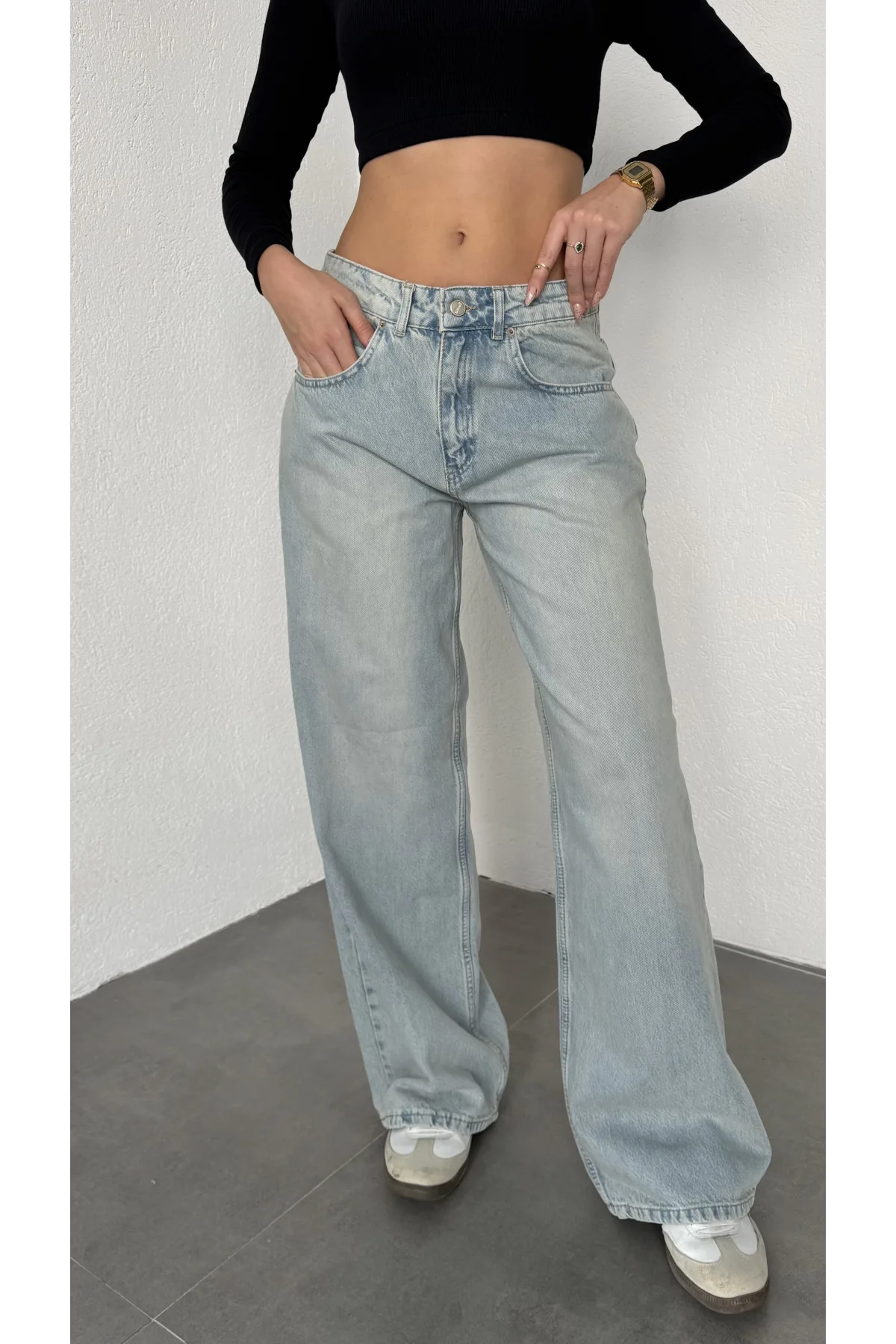 Açık Mavi Yıkamalı Süper Baggy Ektra Geniş Paça Yüksek Bel Jean Kot Pantolon