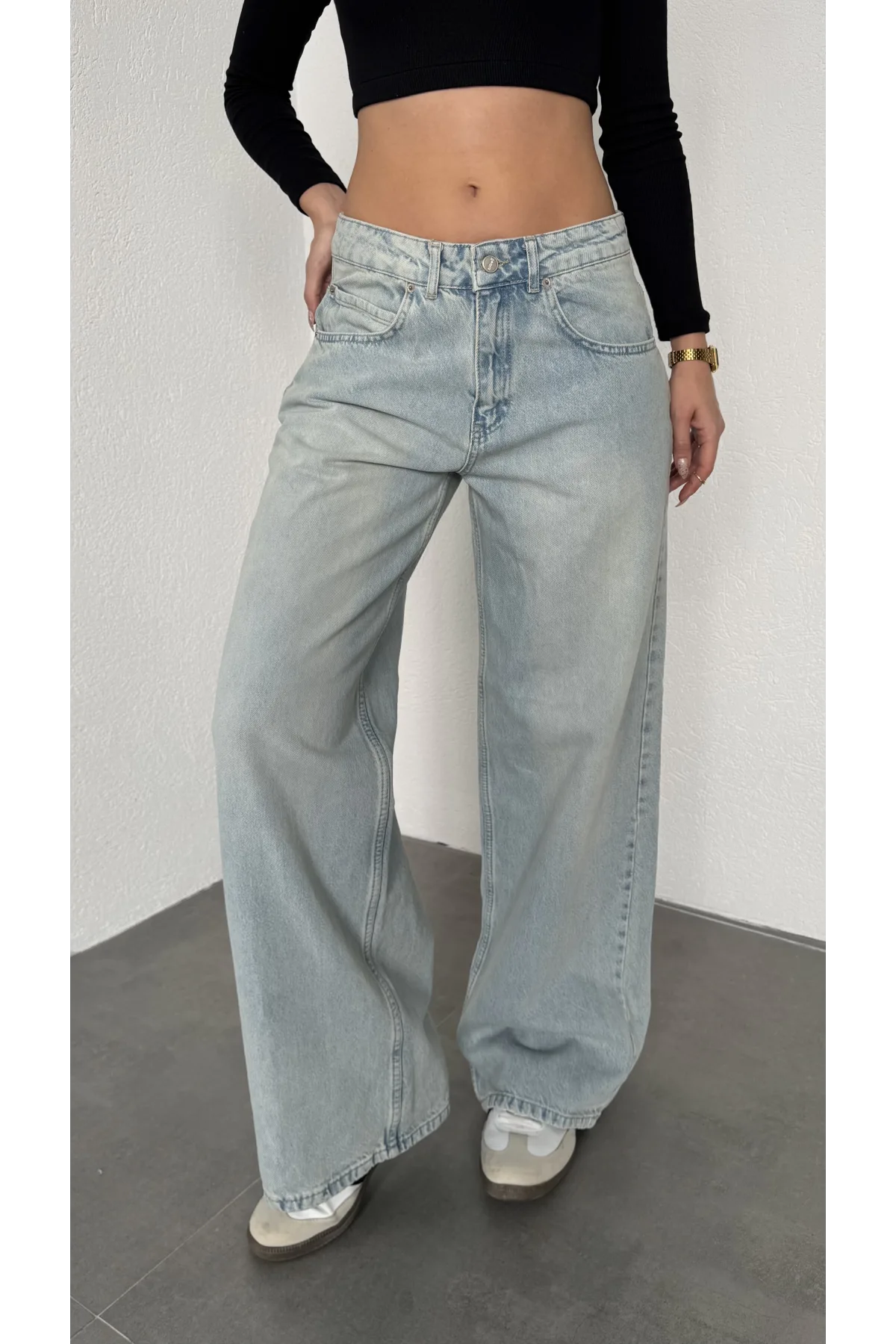 Açık Mavi Yıkamalı Süper Baggy Ektra Geniş Paça Yüksek Bel Jean Kot Pantolon